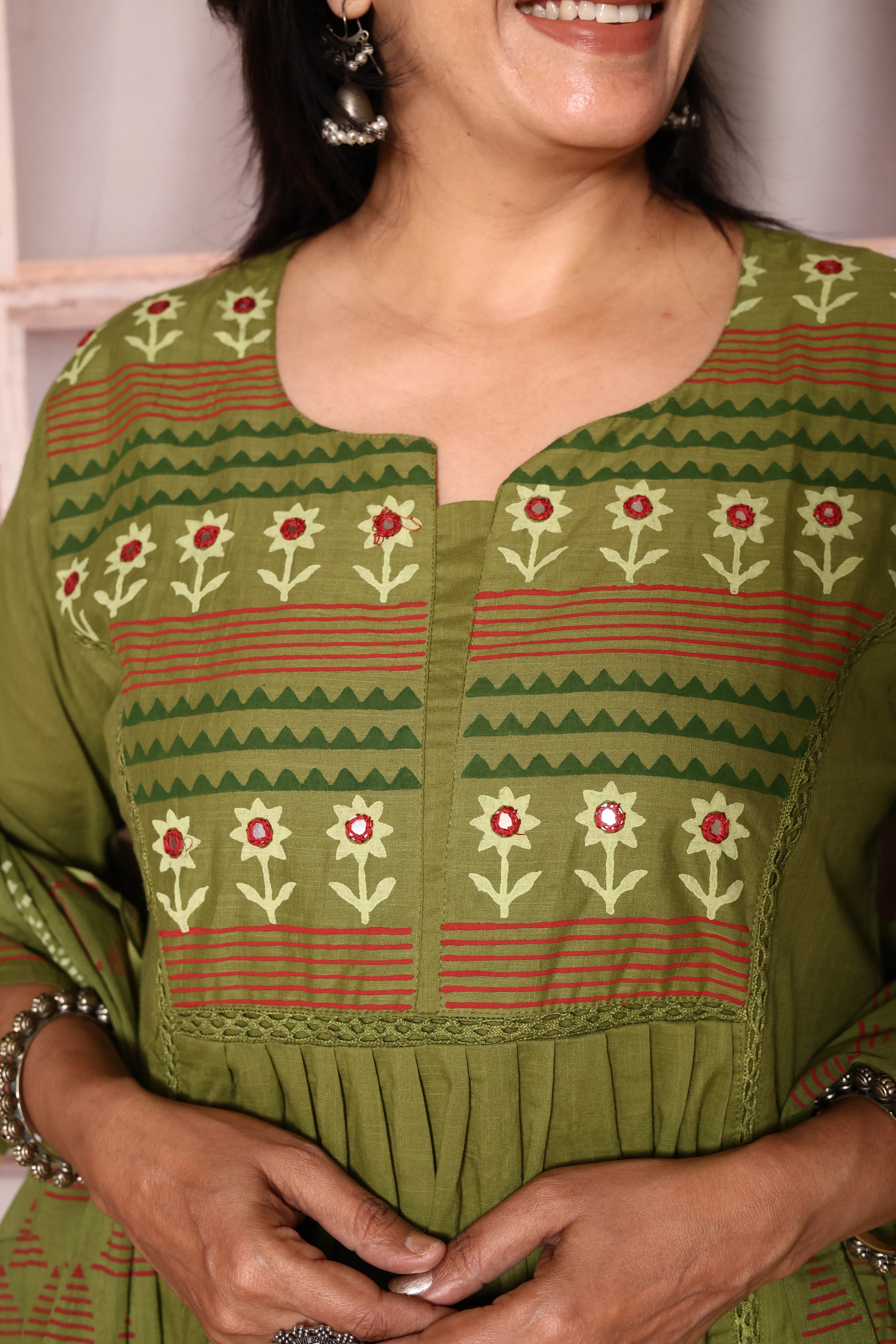Olive Yoke Work A-Line Kurta Pant with Printed Dupatta Set | Hand Painted & Mirror Work