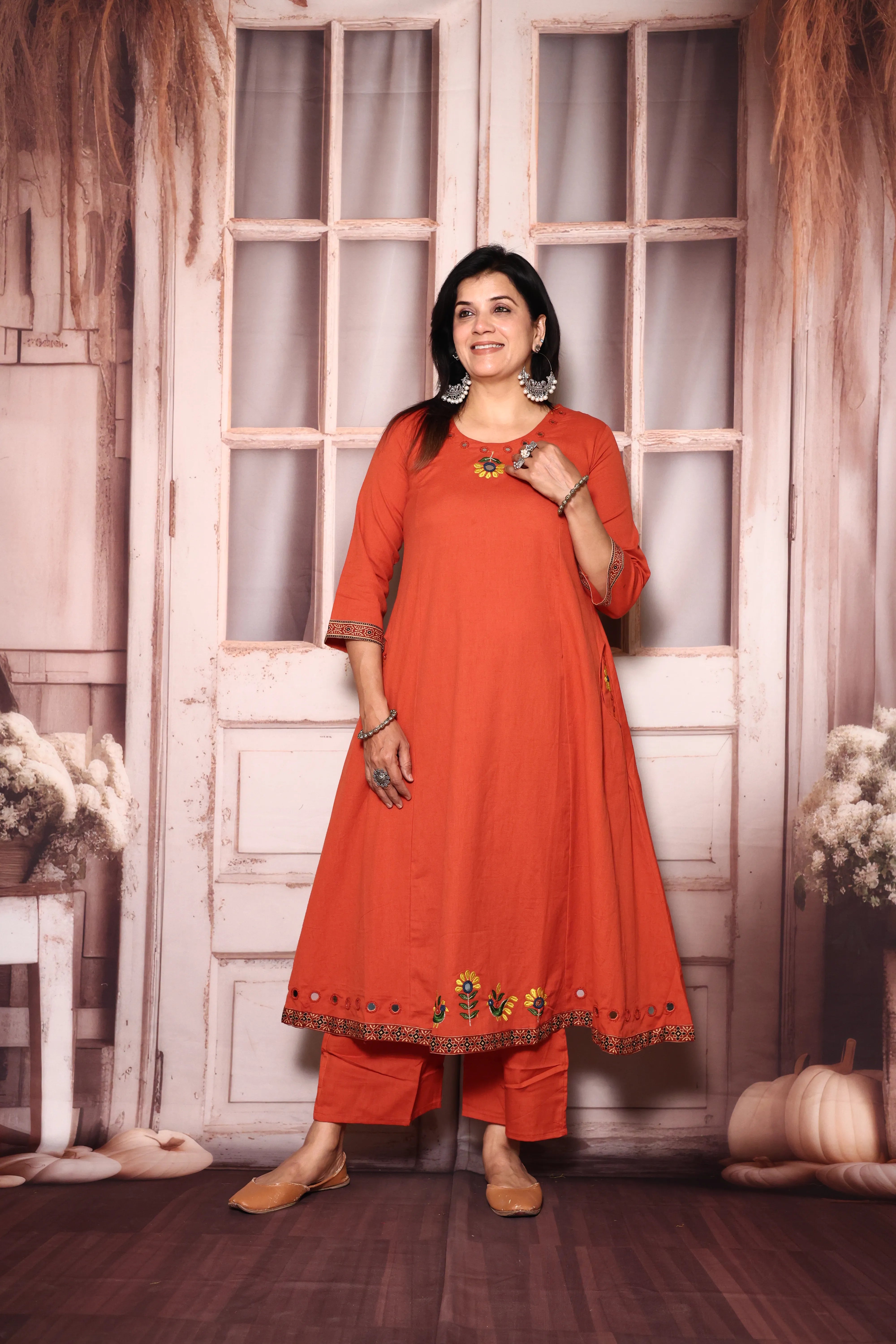 Vermilion Embroidered A-Line Kurta Pant Set | Mirror & Thread Work | Cotton Ethnic Wear