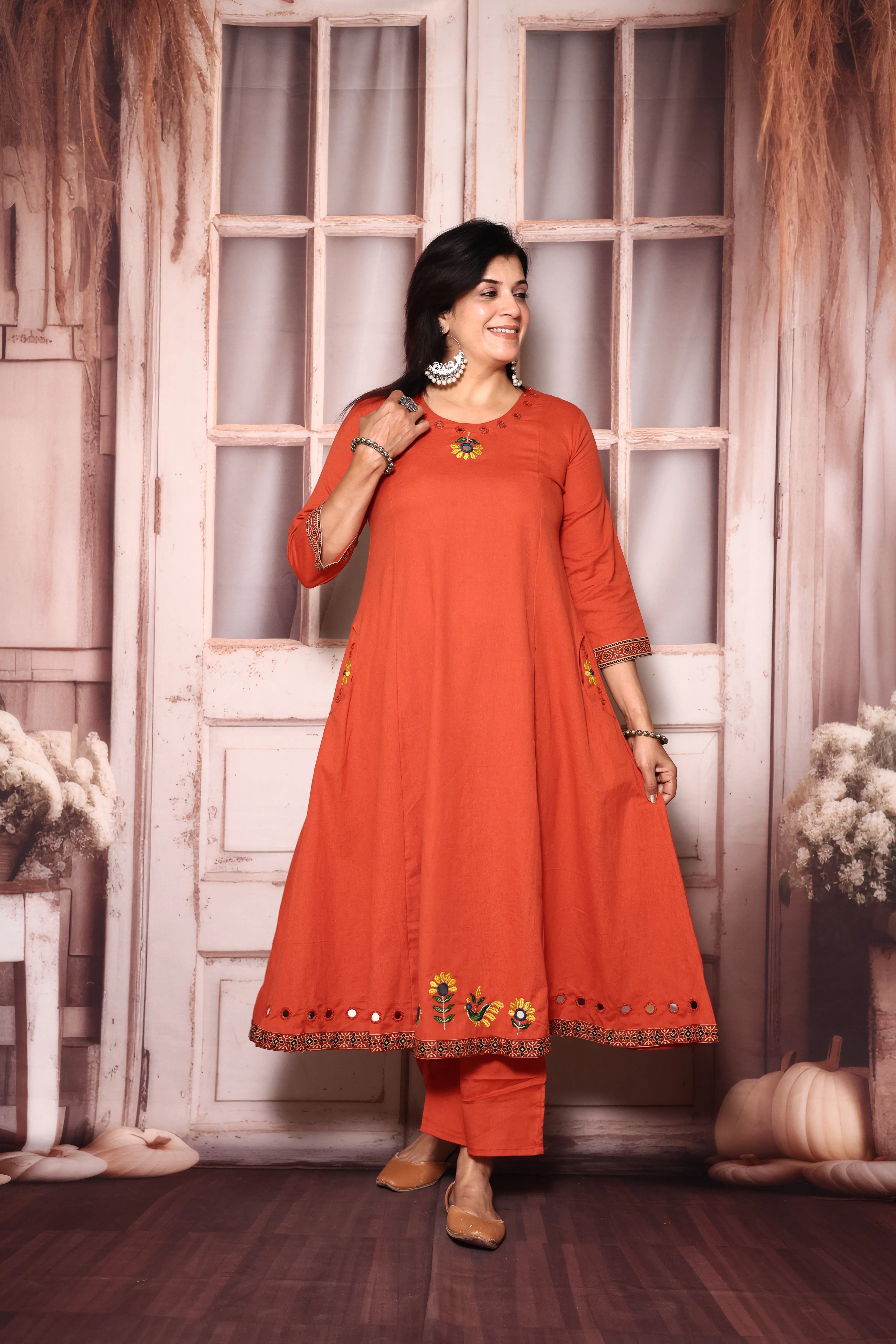Vermilion Embroidered A-Line Kurta Pant Set | Mirror & Thread Work | Cotton Ethnic Wear