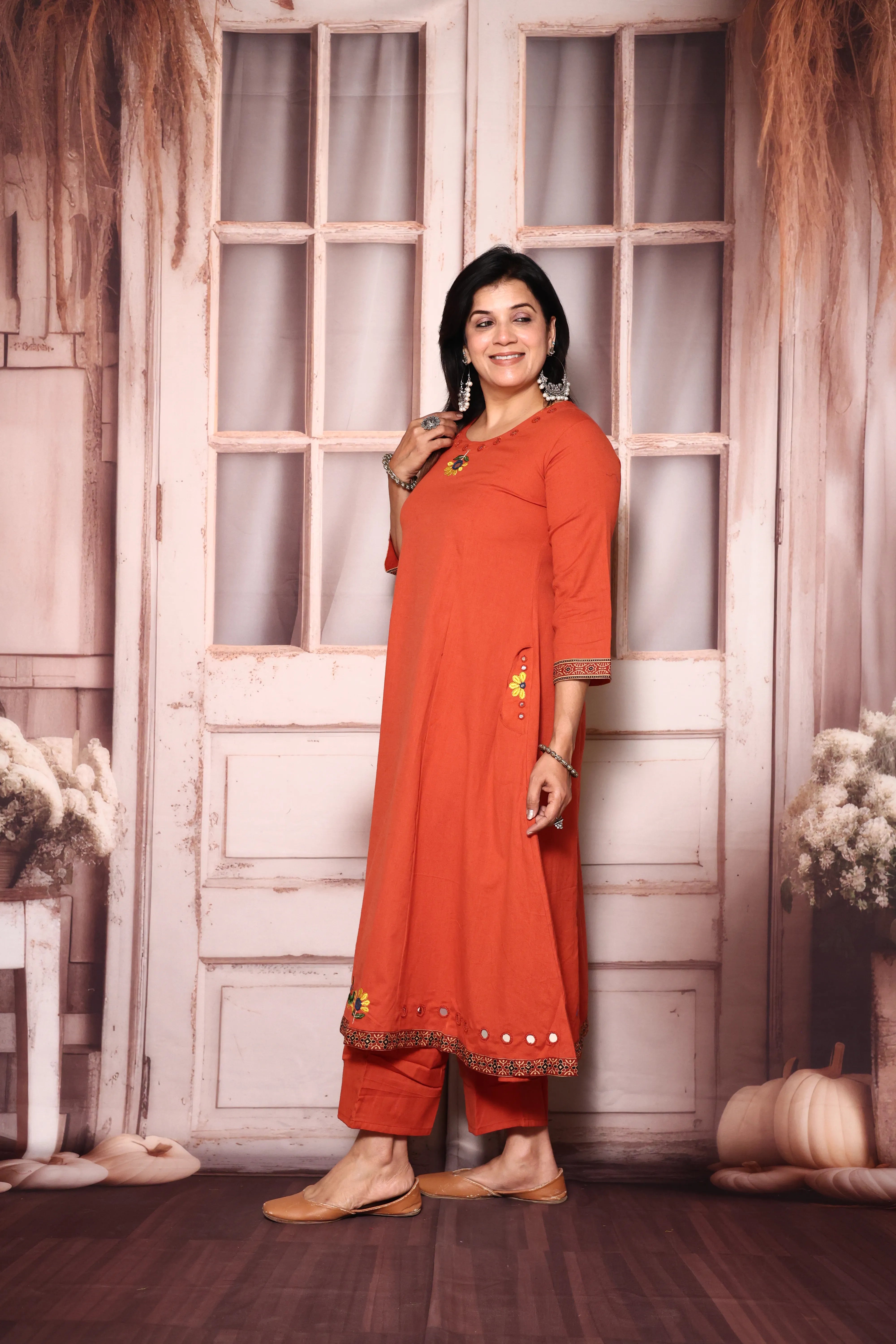 Vermilion Embroidered A-Line Kurta Pant Set | Mirror & Thread Work | Cotton Ethnic Wear