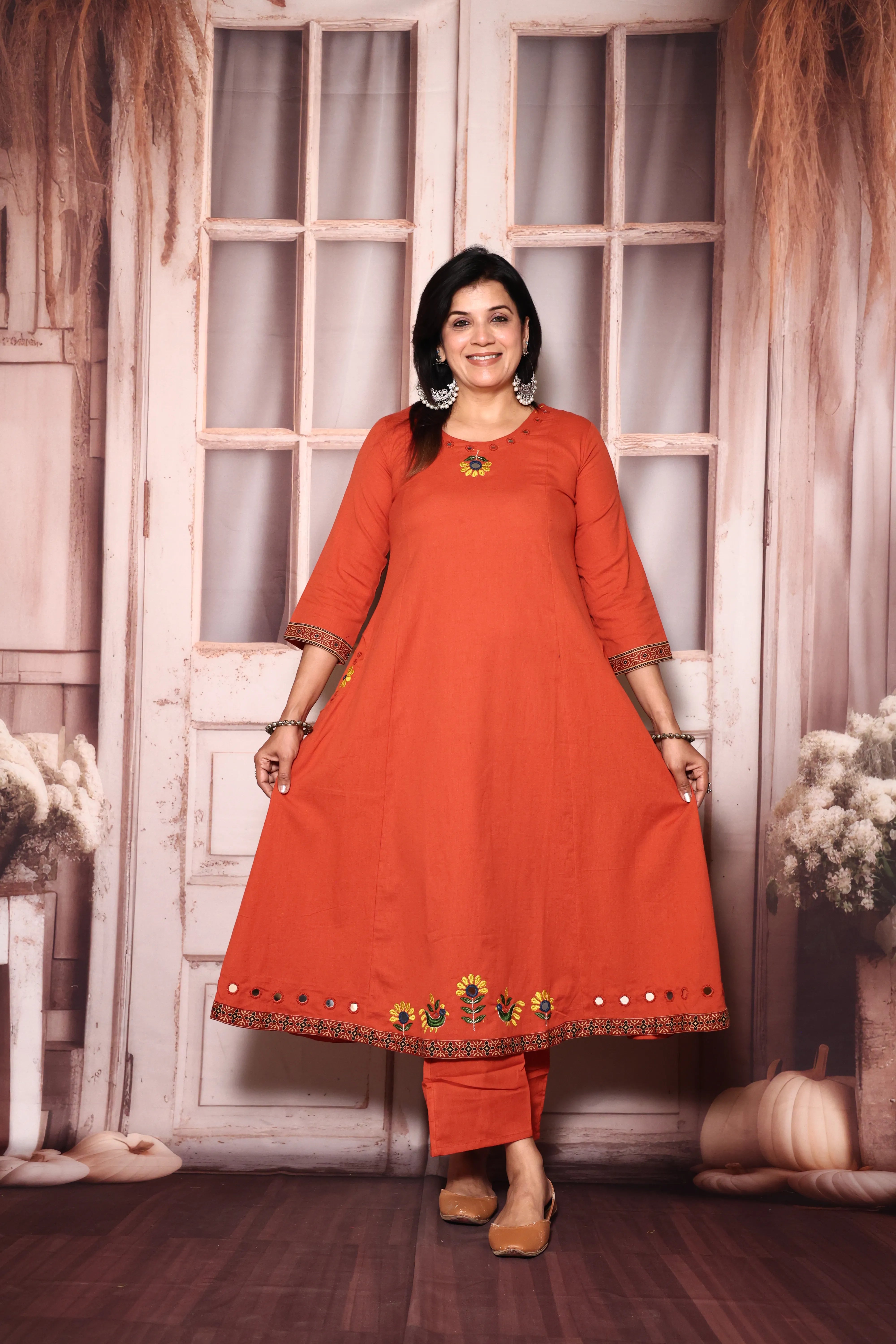 Vermilion Embroidered A-Line Kurta Pant Set | Mirror & Thread Work | Cotton Ethnic Wear