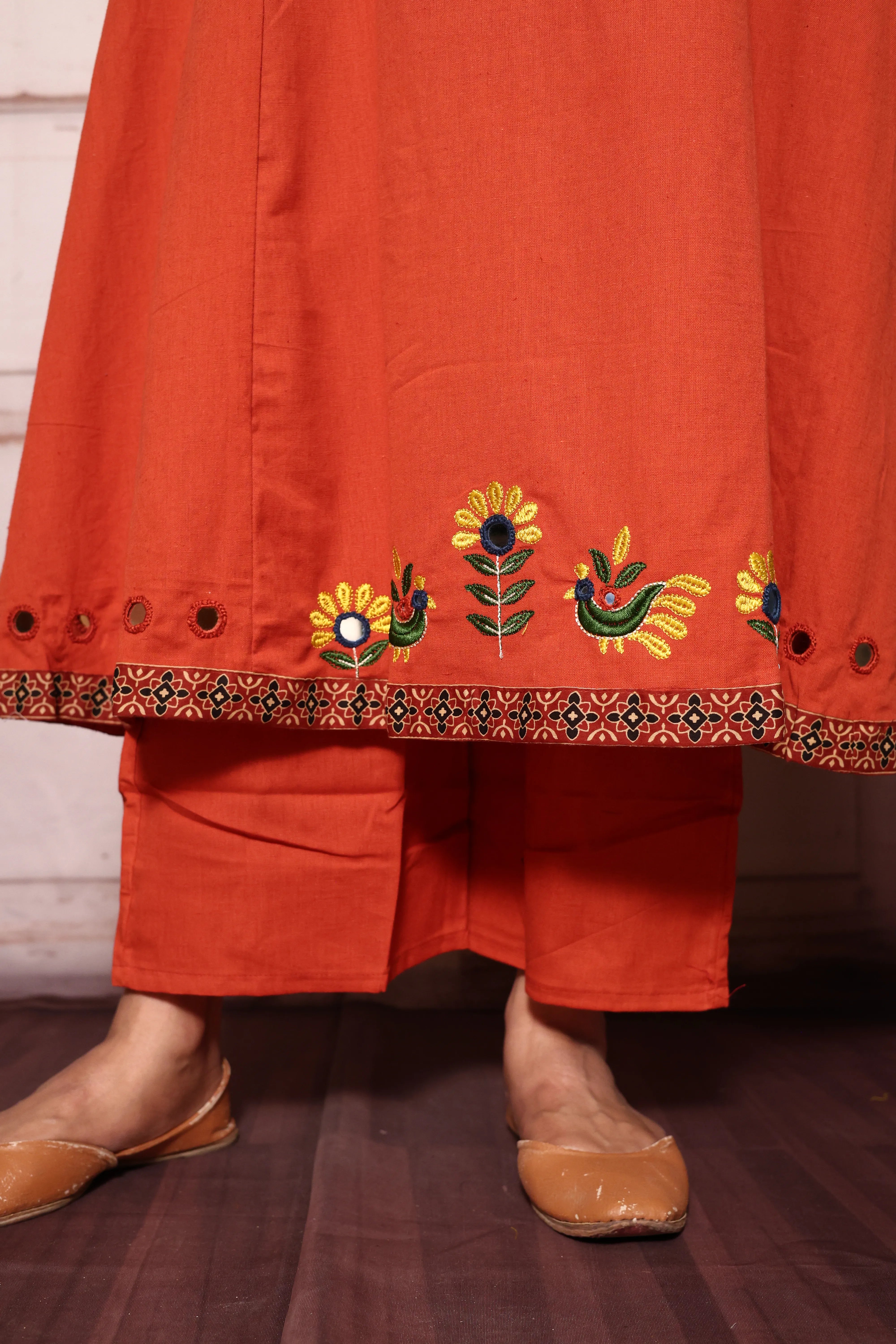 Vermilion Embroidered A-Line Kurta Pant Set | Mirror & Thread Work | Cotton Ethnic Wear