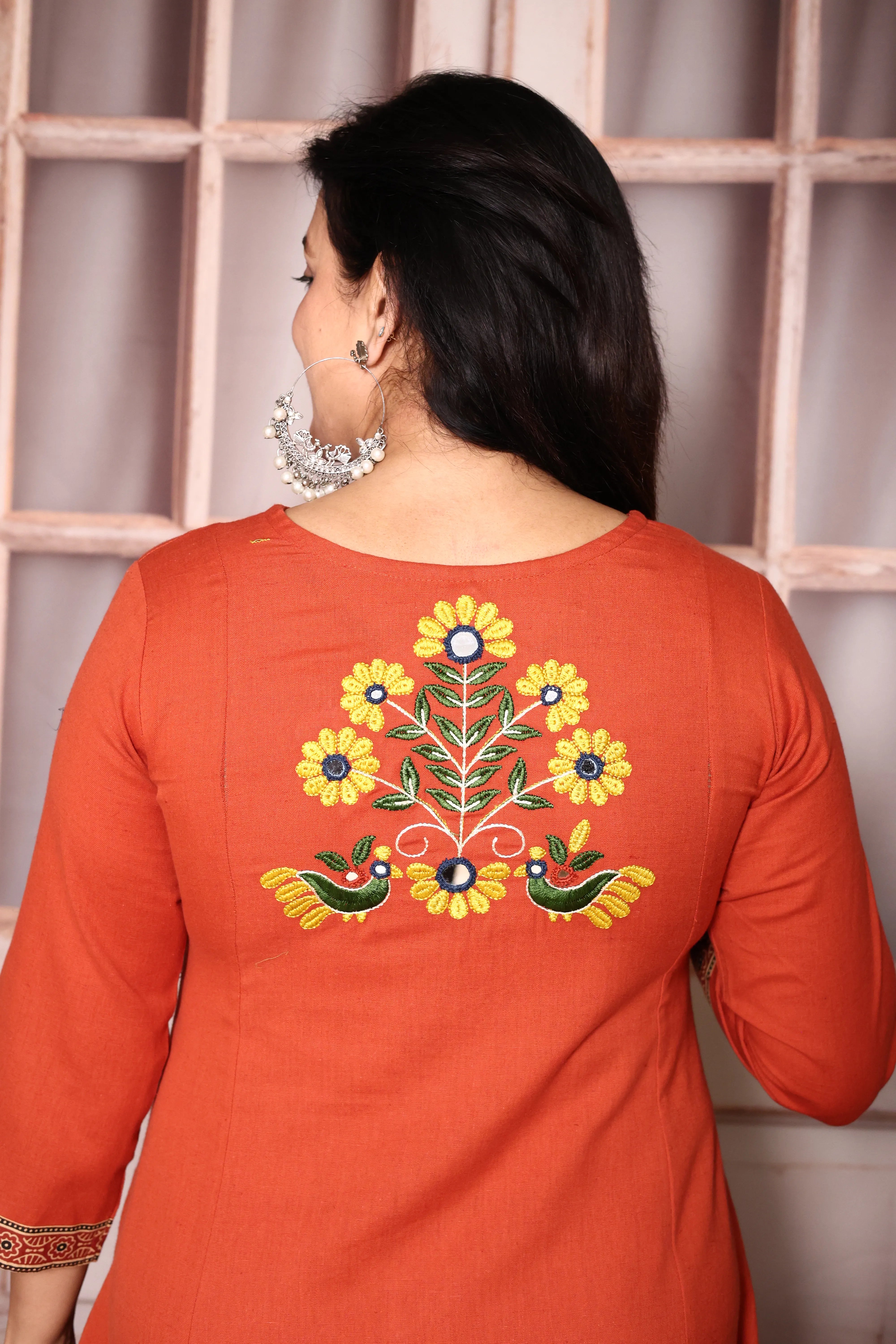 Vermilion Embroidered A-Line Kurta Pant Set | Mirror & Thread Work | Cotton Ethnic Wear