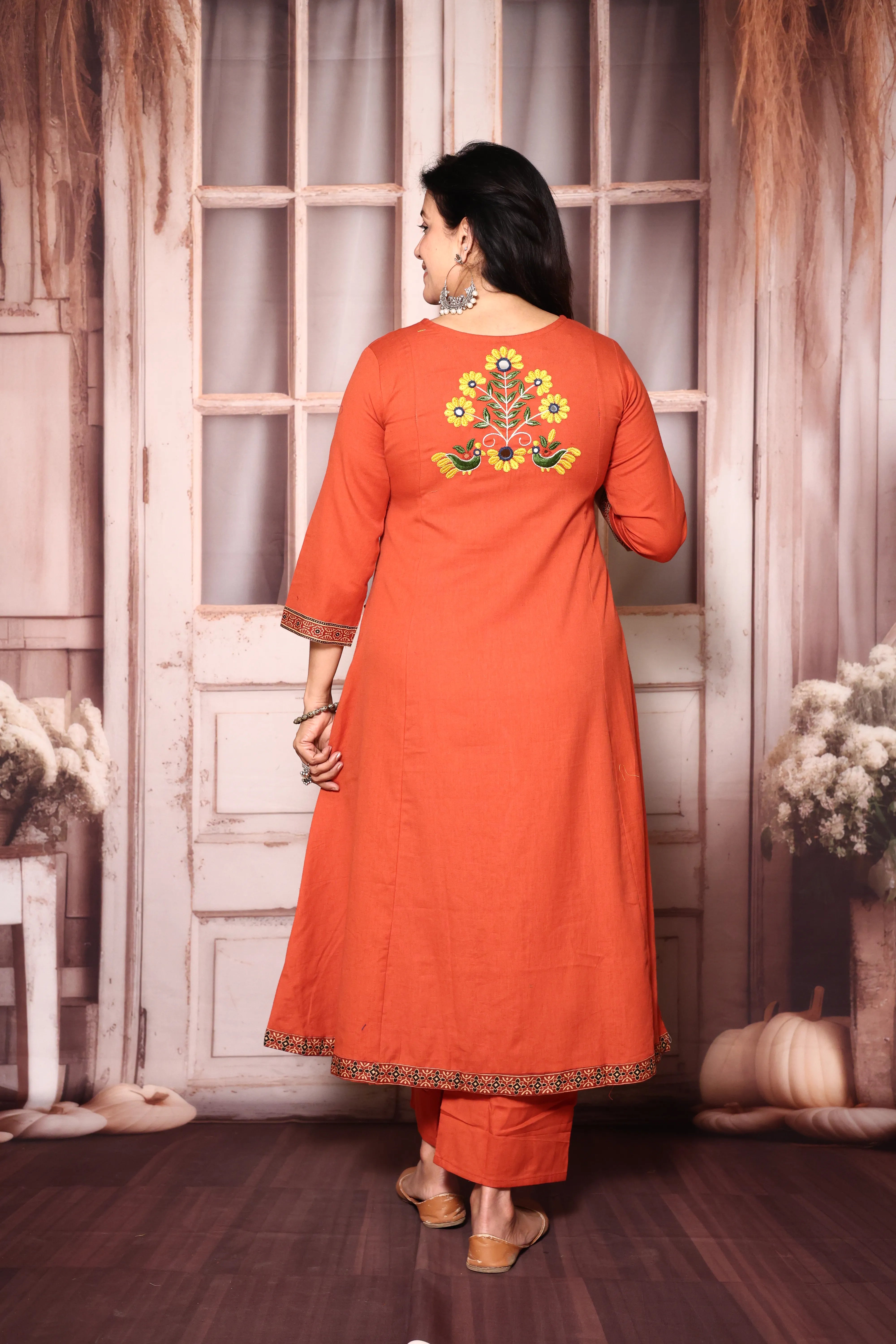 Vermilion Embroidered A-Line Kurta Pant Set | Mirror & Thread Work | Cotton Ethnic Wear