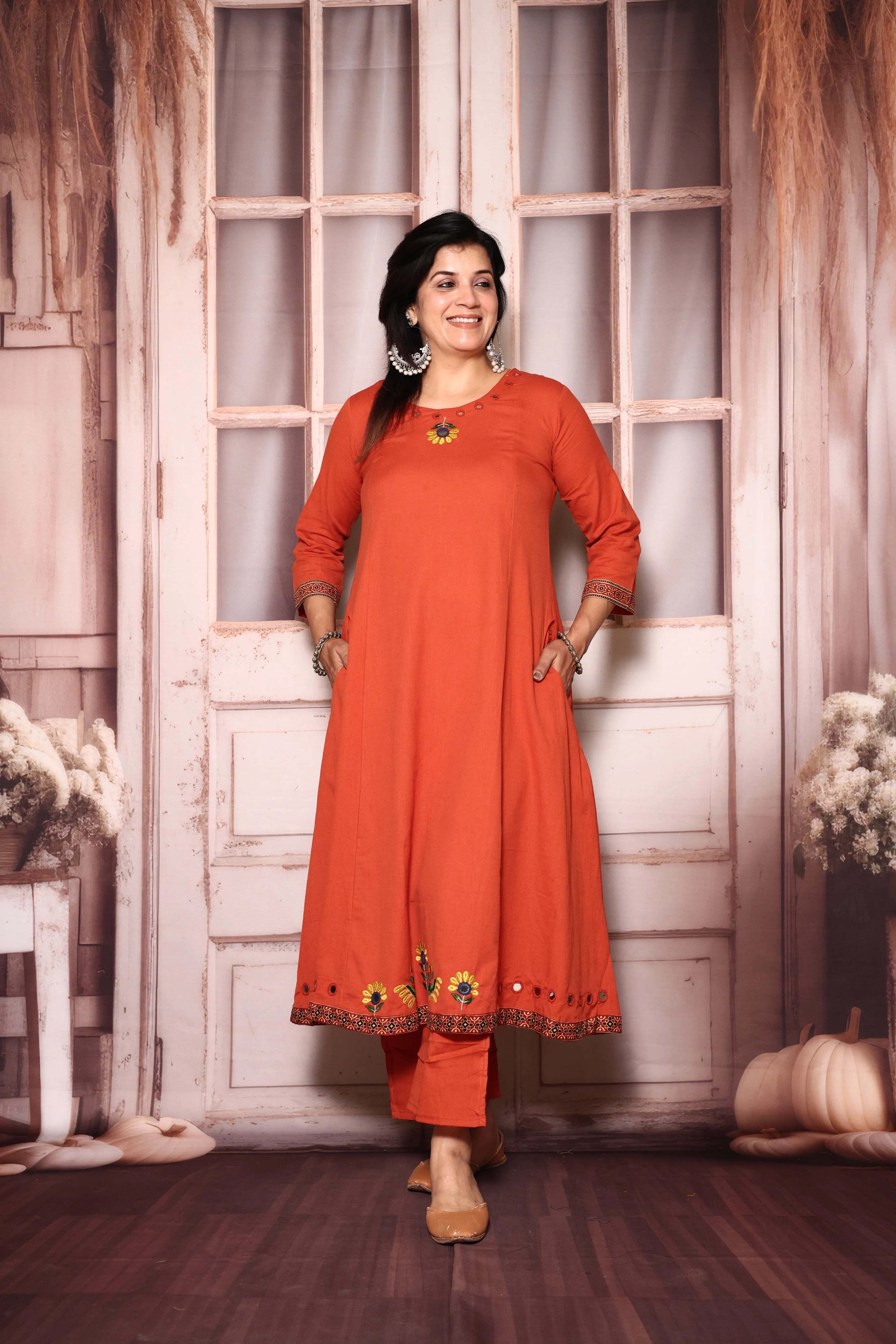 Vermilion Embroidered A-Line Kurta Pant Set | Mirror & Thread Work | Cotton Ethnic Wear