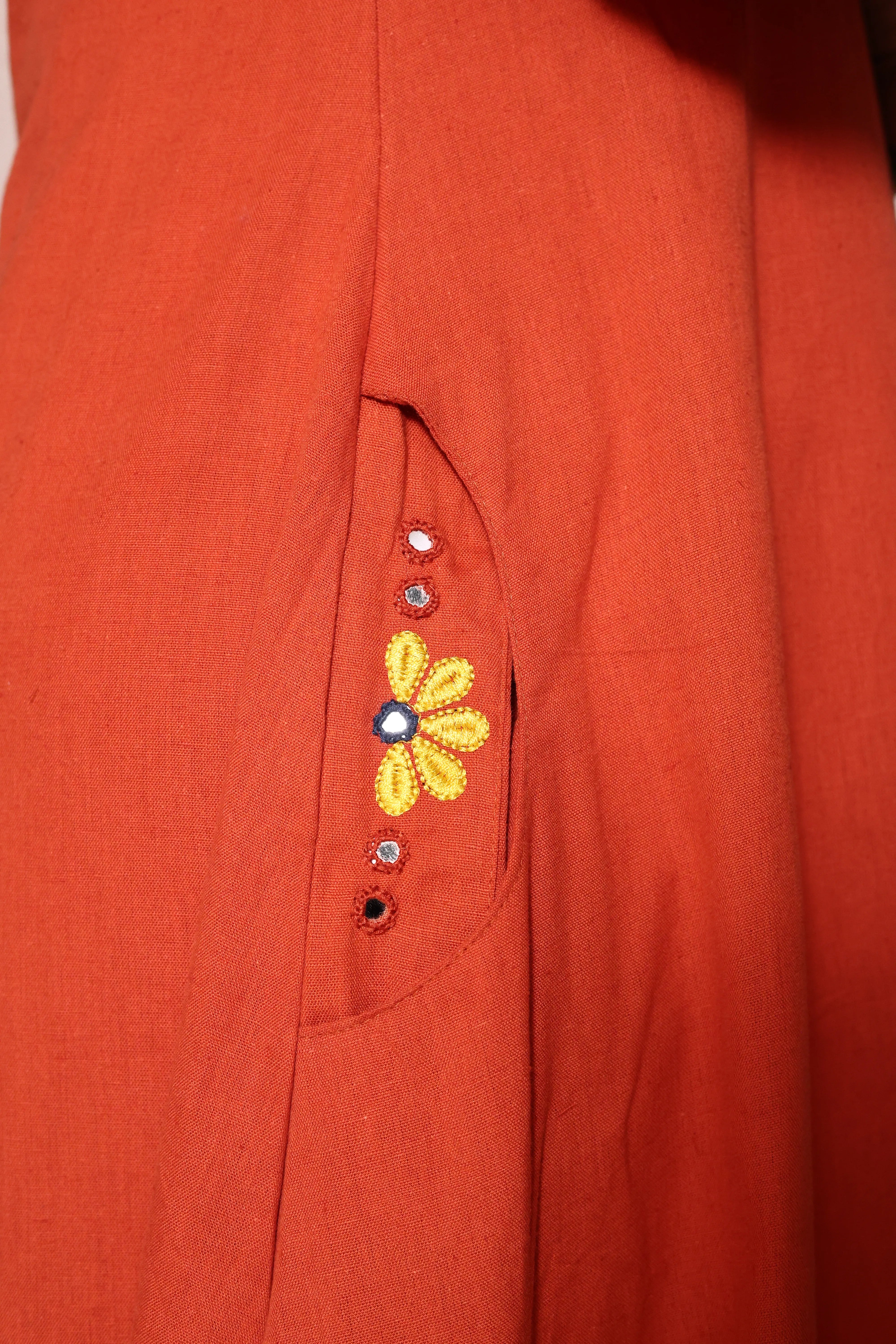 Vermilion Embroidered A-Line Kurta Pant Set | Mirror & Thread Work | Cotton Ethnic Wear