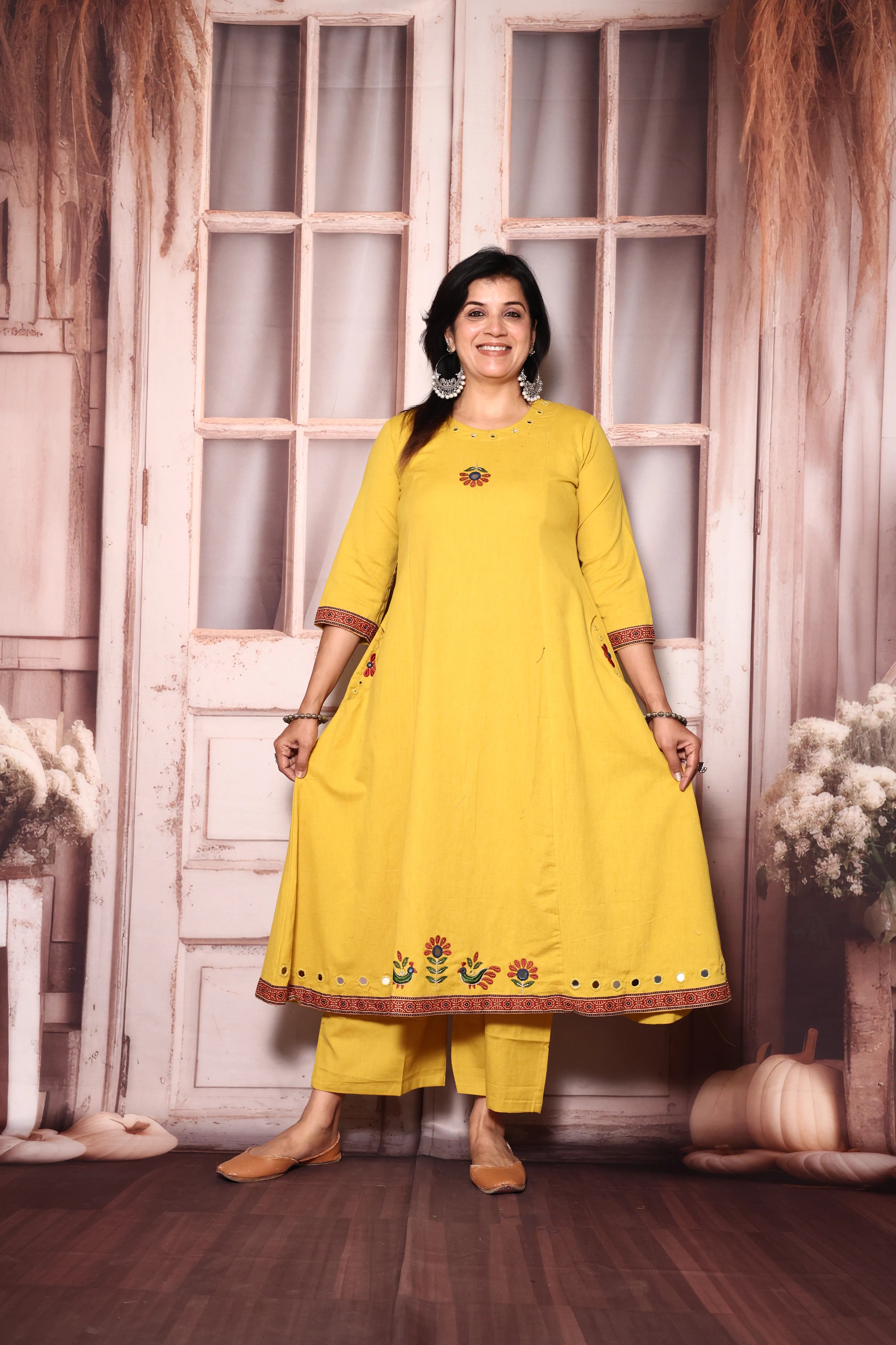 Bright yellow Embroidered A-Line Kurta Pant Set | Mirror & Thread Work | Cotton Ethnic Wear