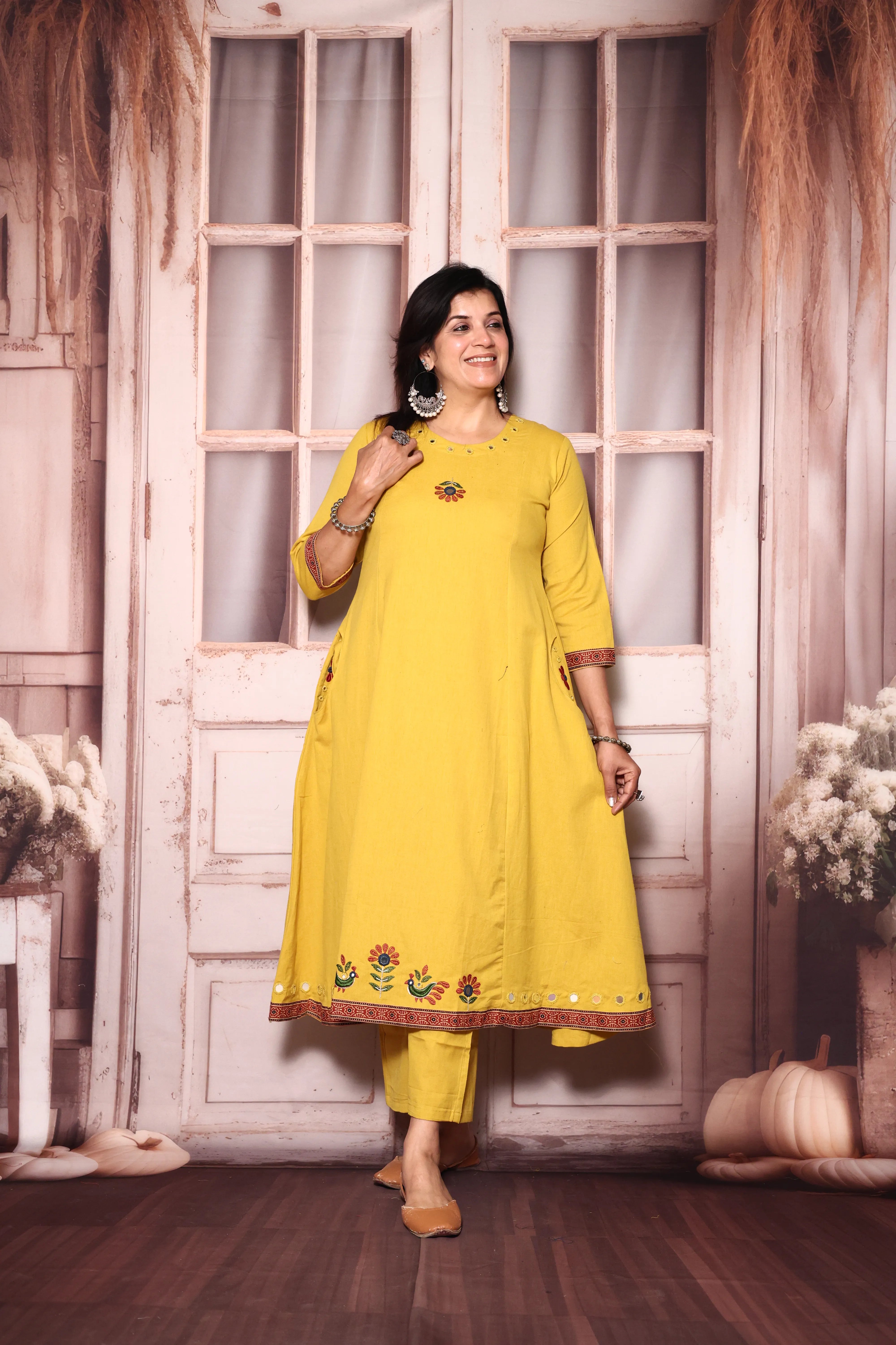 Bright yellow Embroidered A-Line Kurta Pant Set | Mirror & Thread Work | Cotton Ethnic Wear