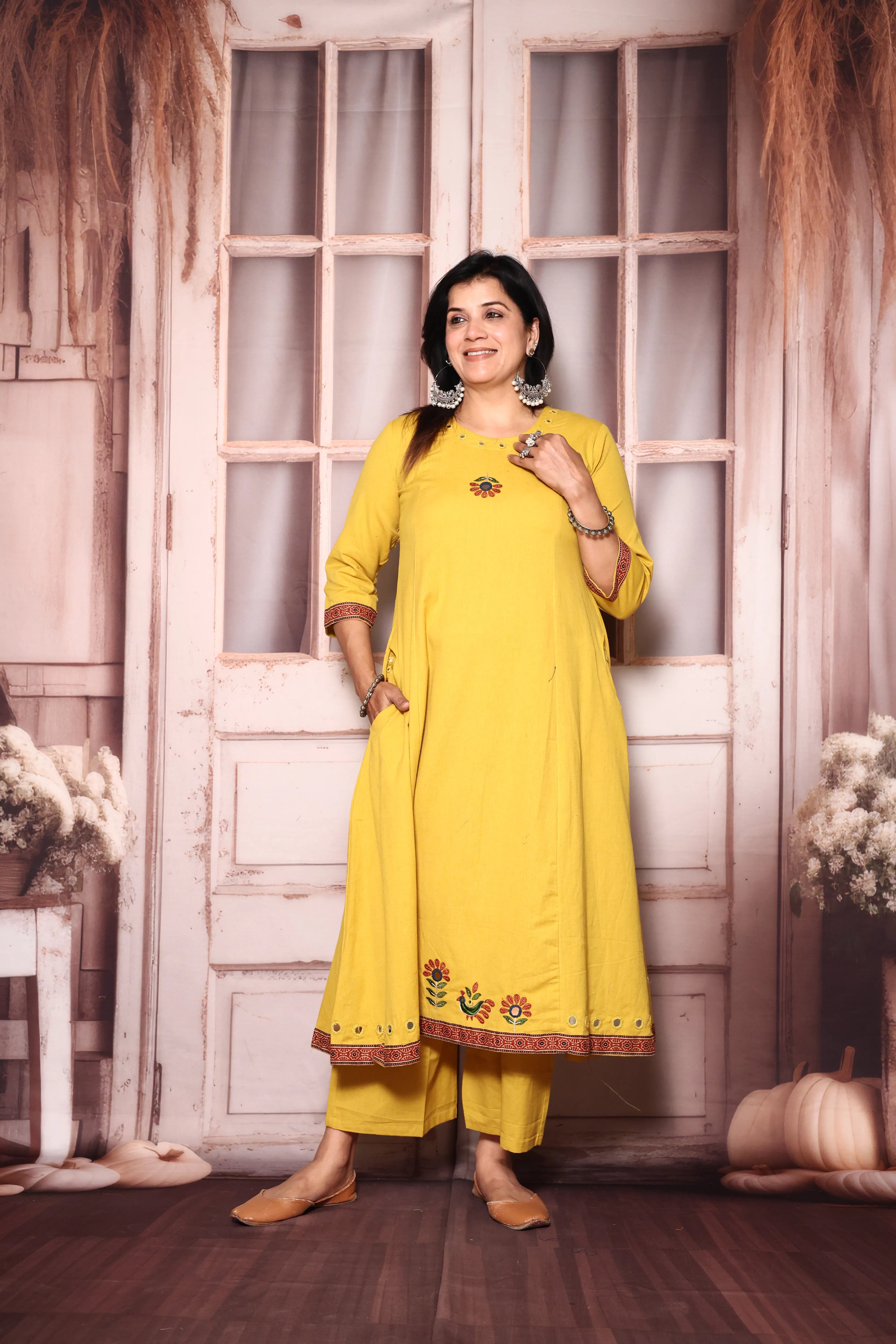 Bright yellow Embroidered A-Line Kurta Pant Set | Mirror & Thread Work | Cotton Ethnic Wear