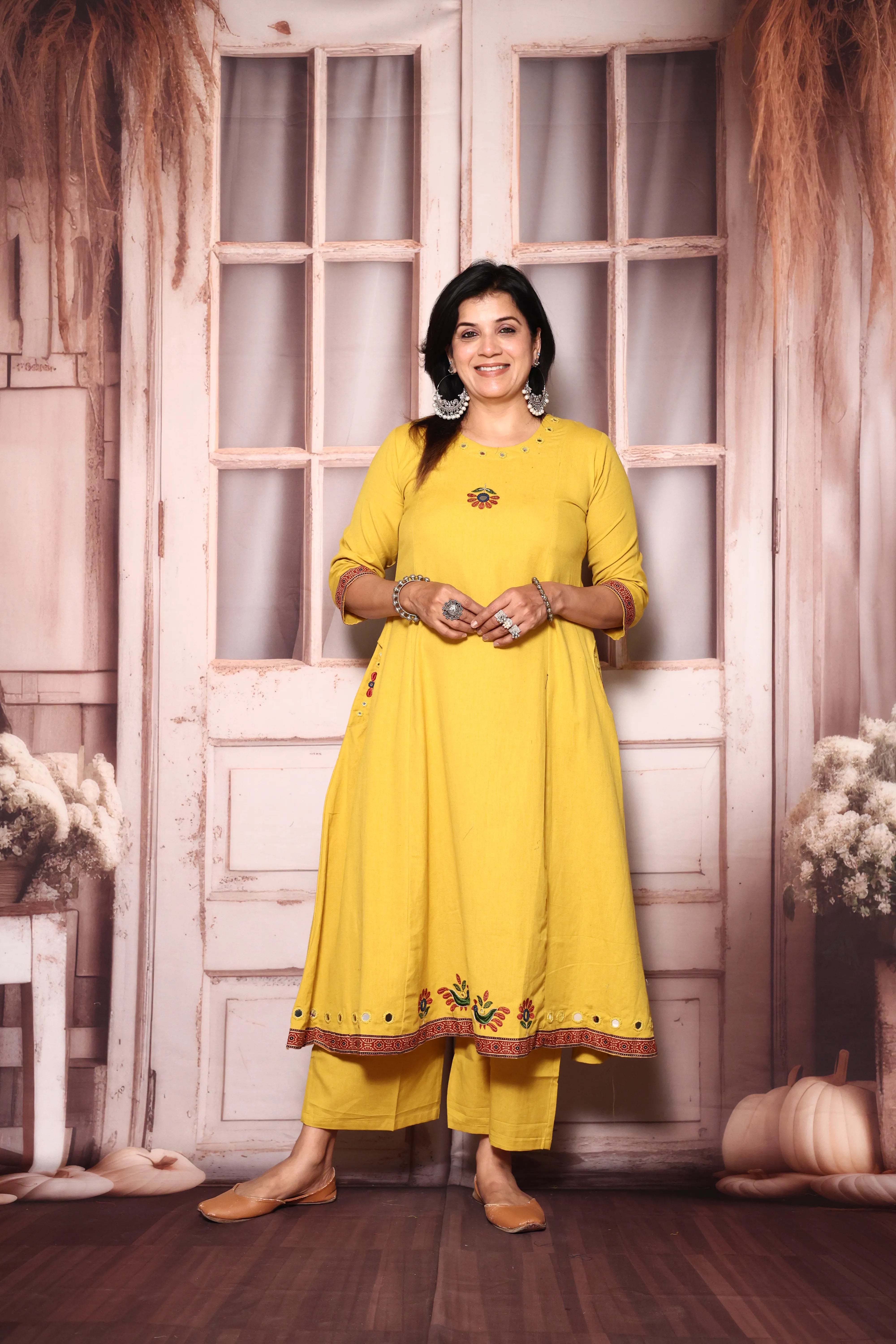 Bright yellow Embroidered A-Line Kurta Pant Set | Mirror & Thread Work | Cotton Ethnic Wear