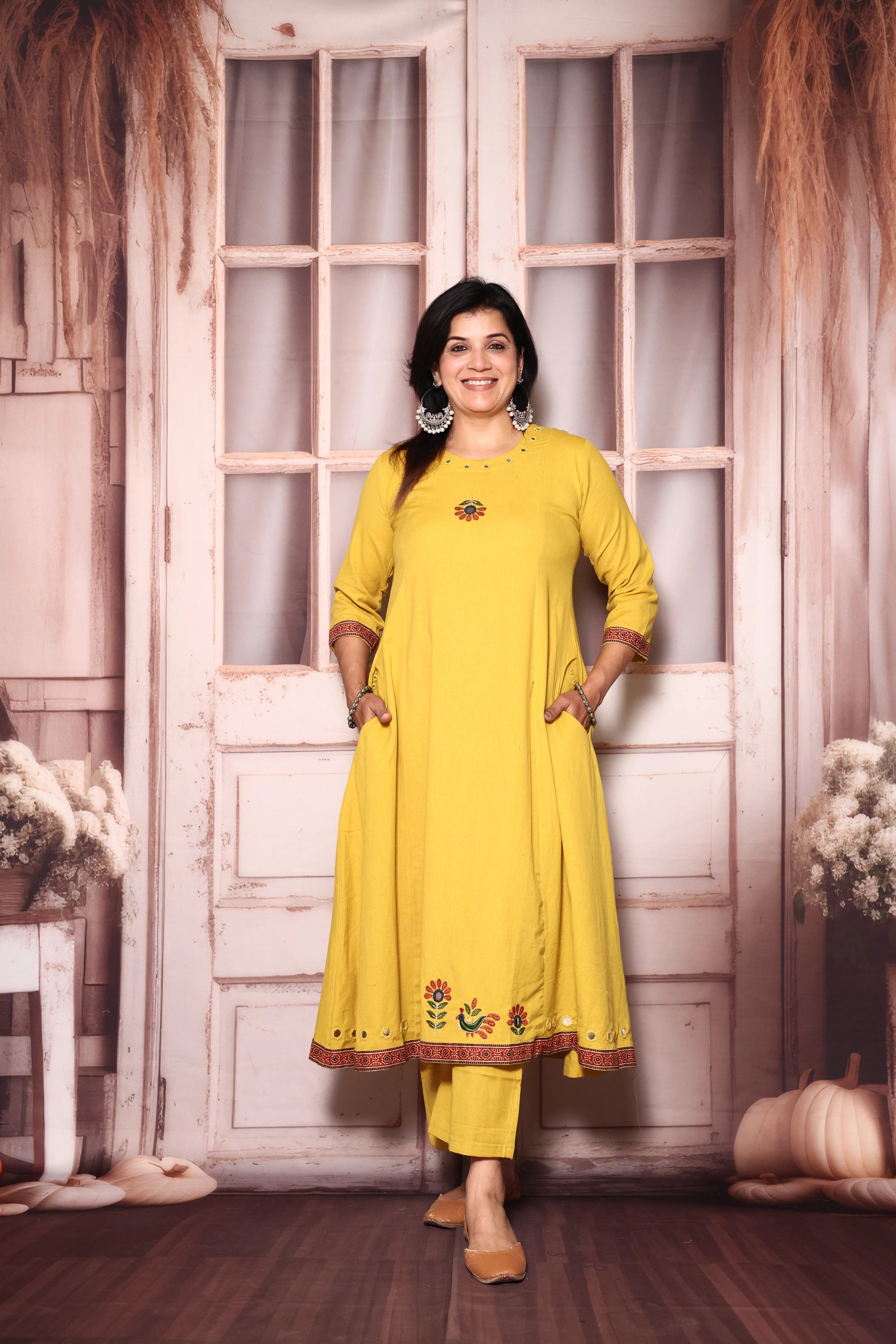Bright yellow Embroidered A-Line Kurta Pant Set | Mirror & Thread Work | Cotton Ethnic Wear