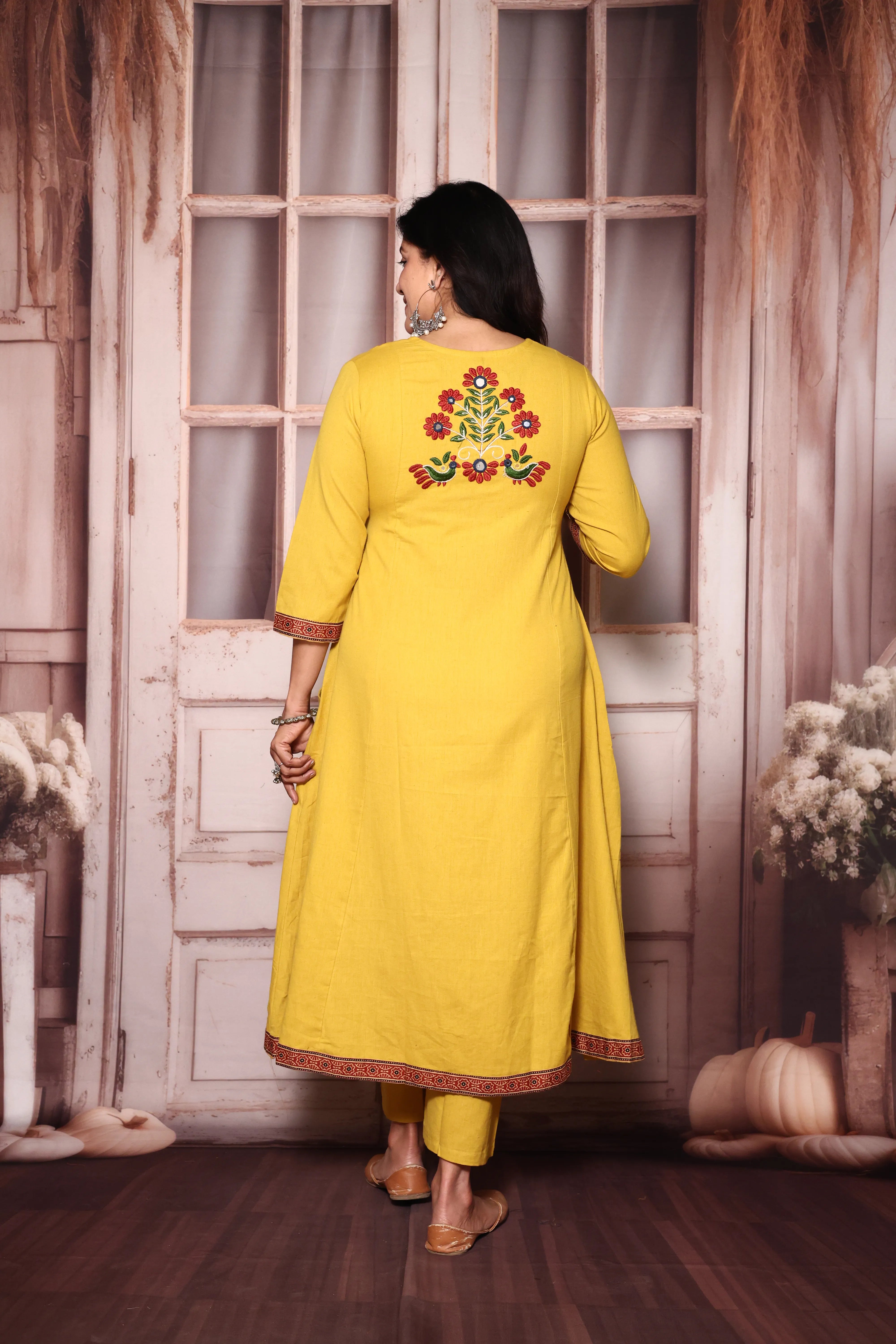 Bright yellow Embroidered A-Line Kurta Pant Set | Mirror & Thread Work | Cotton Ethnic Wear