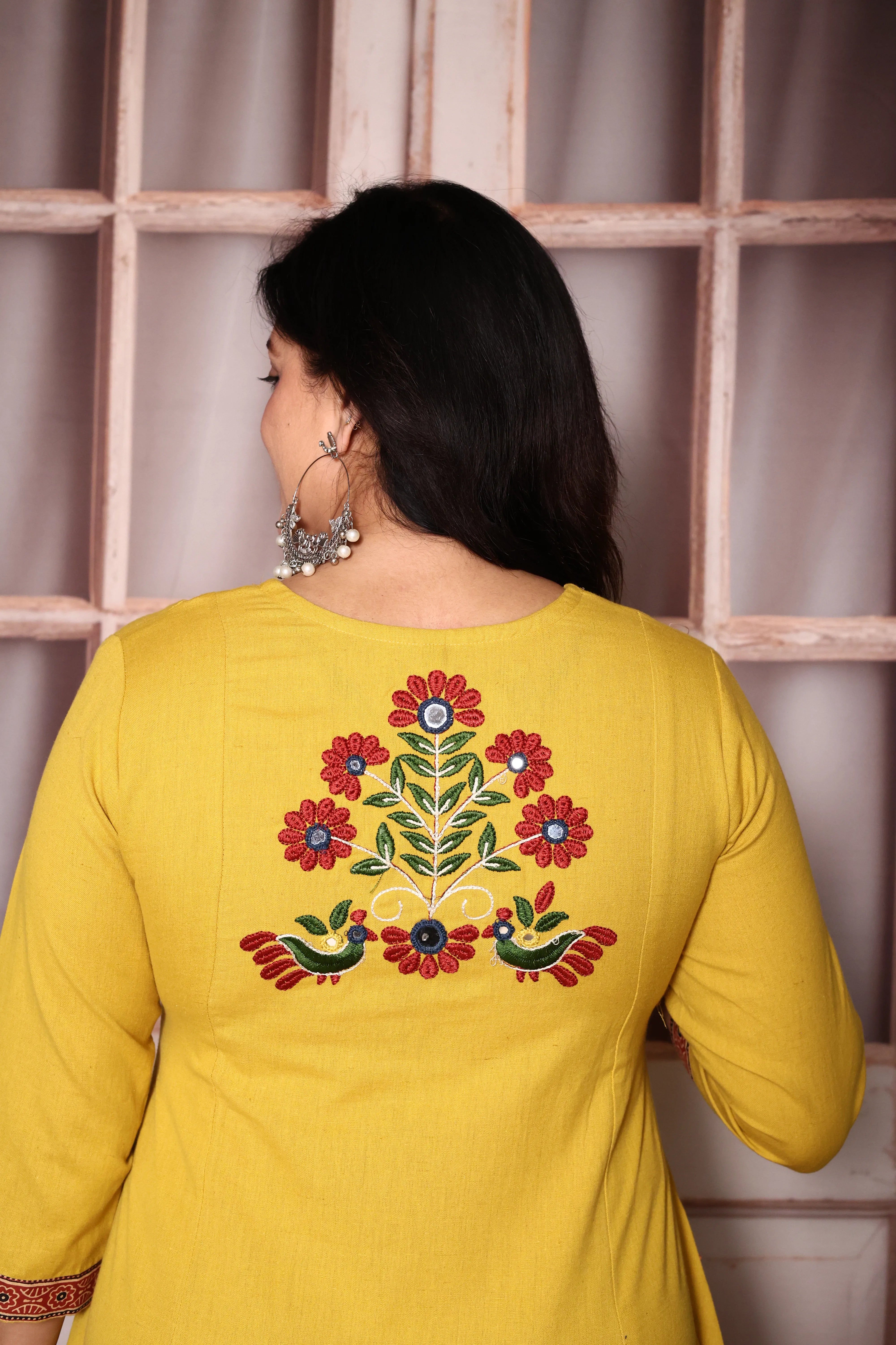 Bright yellow Embroidered A-Line Kurta Pant Set | Mirror & Thread Work | Cotton Ethnic Wear