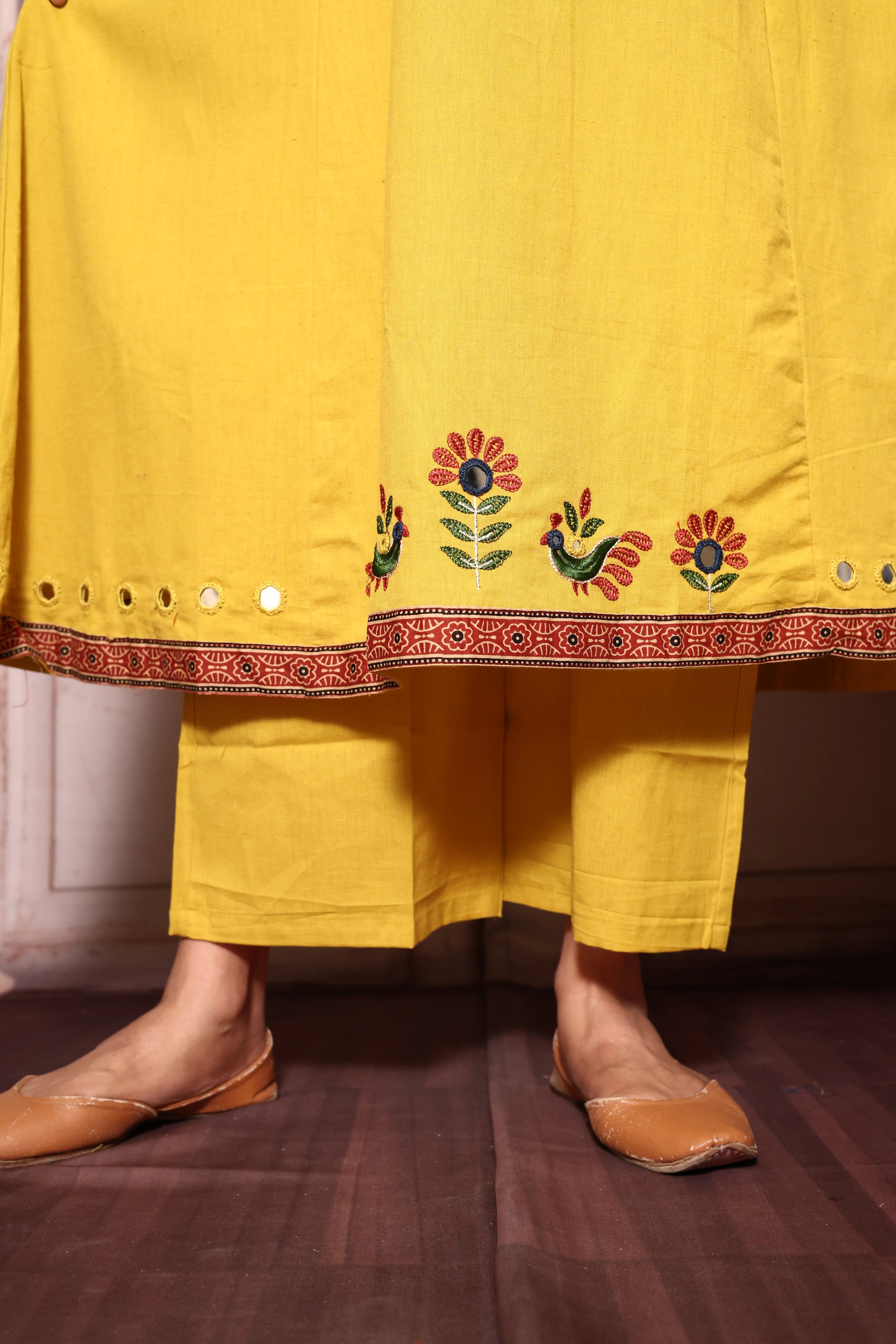 Bright yellow Embroidered A-Line Kurta Pant Set | Mirror & Thread Work | Cotton Ethnic Wear