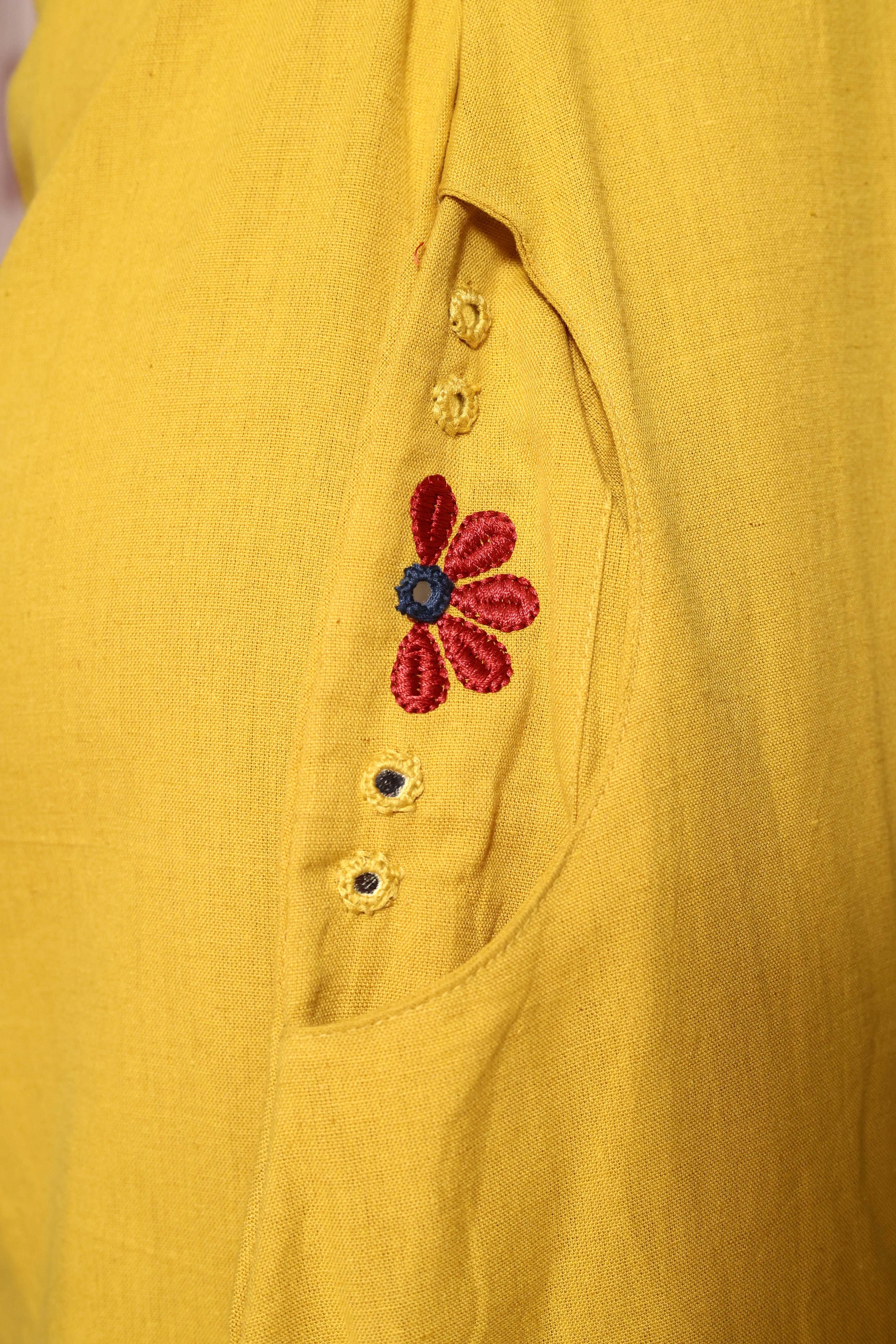 Bright yellow Embroidered A-Line Kurta Pant Set | Mirror & Thread Work | Cotton Ethnic Wear