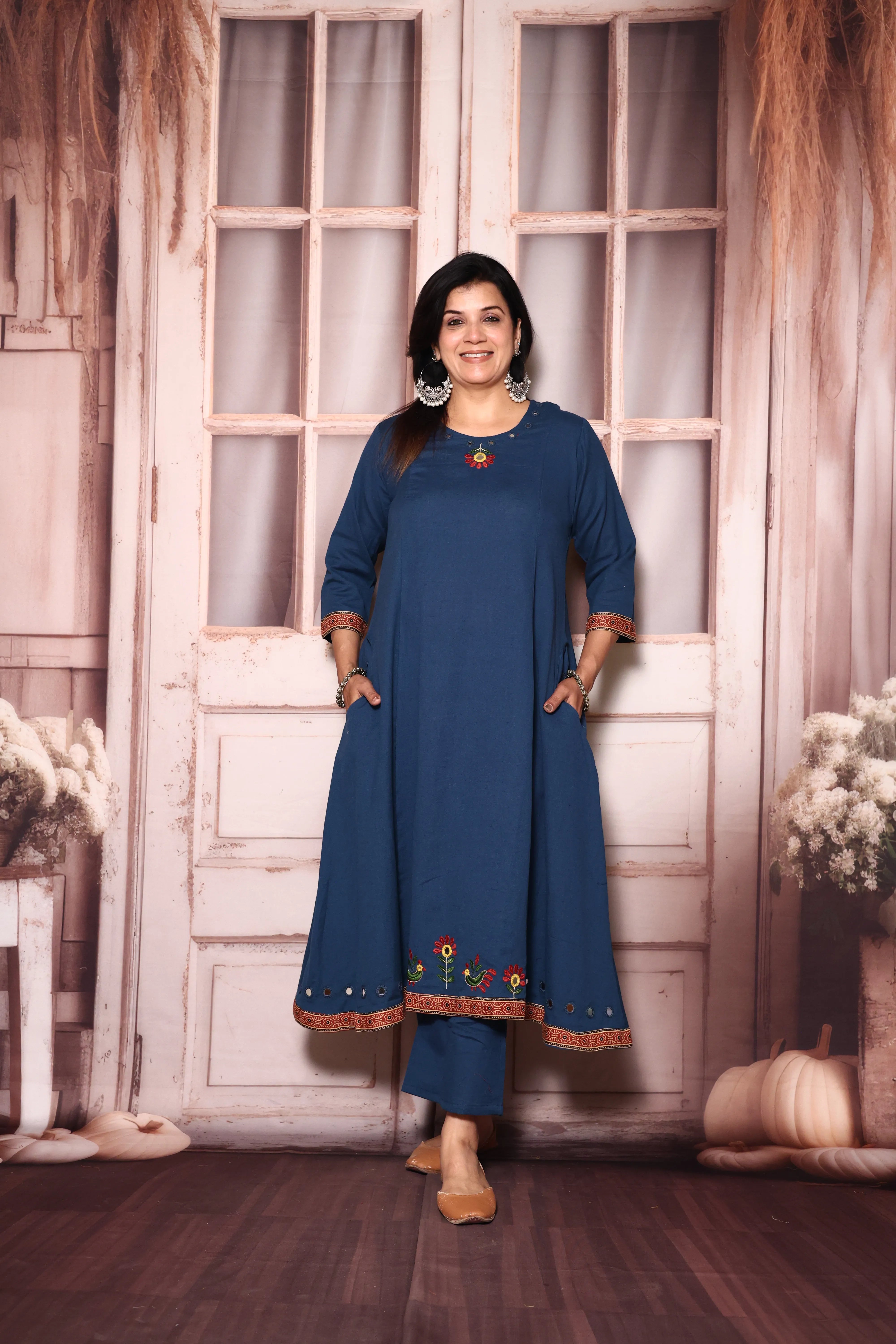 Classic blue Embroidered A-Line Kurta Pant Set | Mirror & Thread Work | Cotton Ethnic Wear