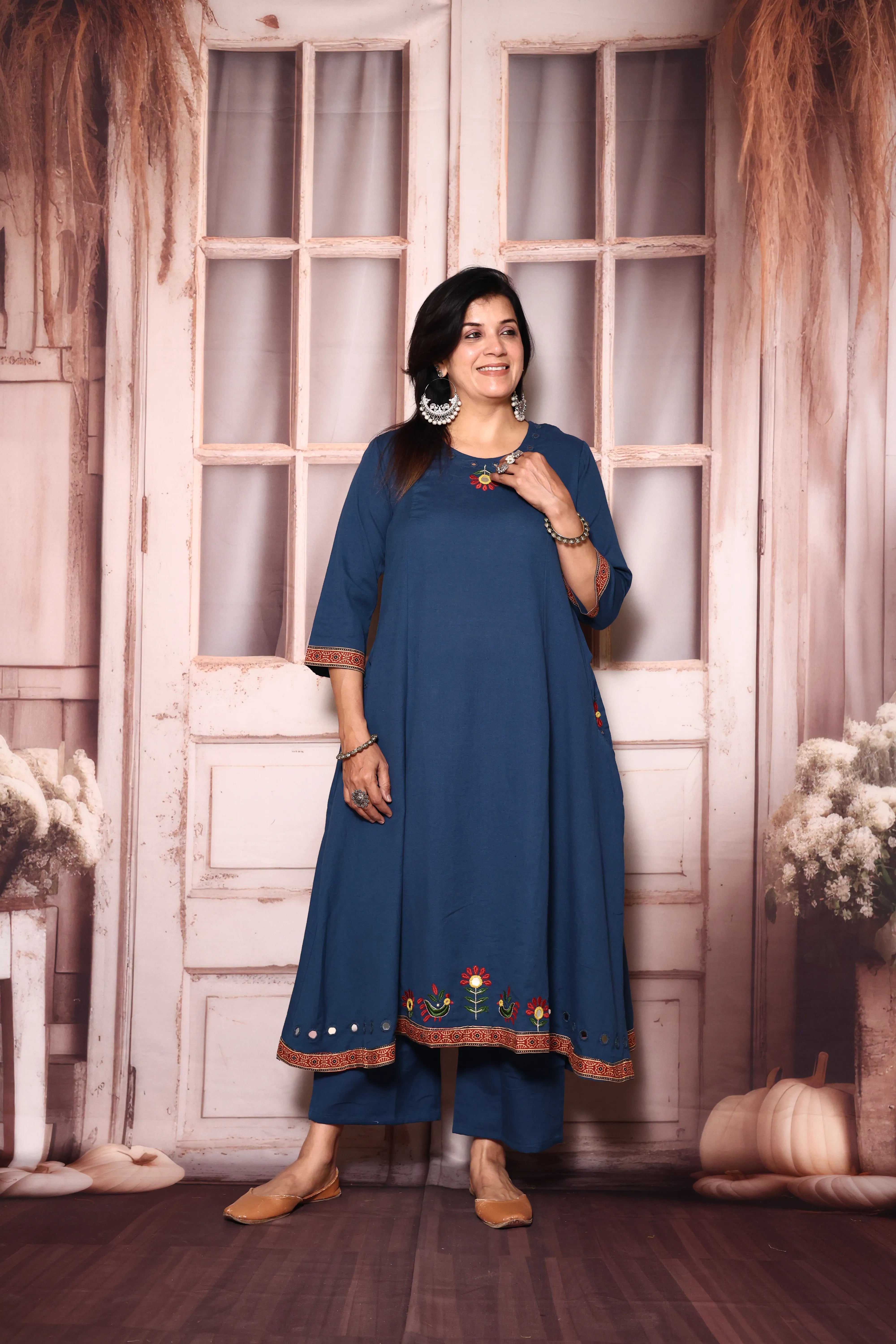 Classic blue Embroidered A-Line Kurta Pant Set | Mirror & Thread Work | Cotton Ethnic Wear