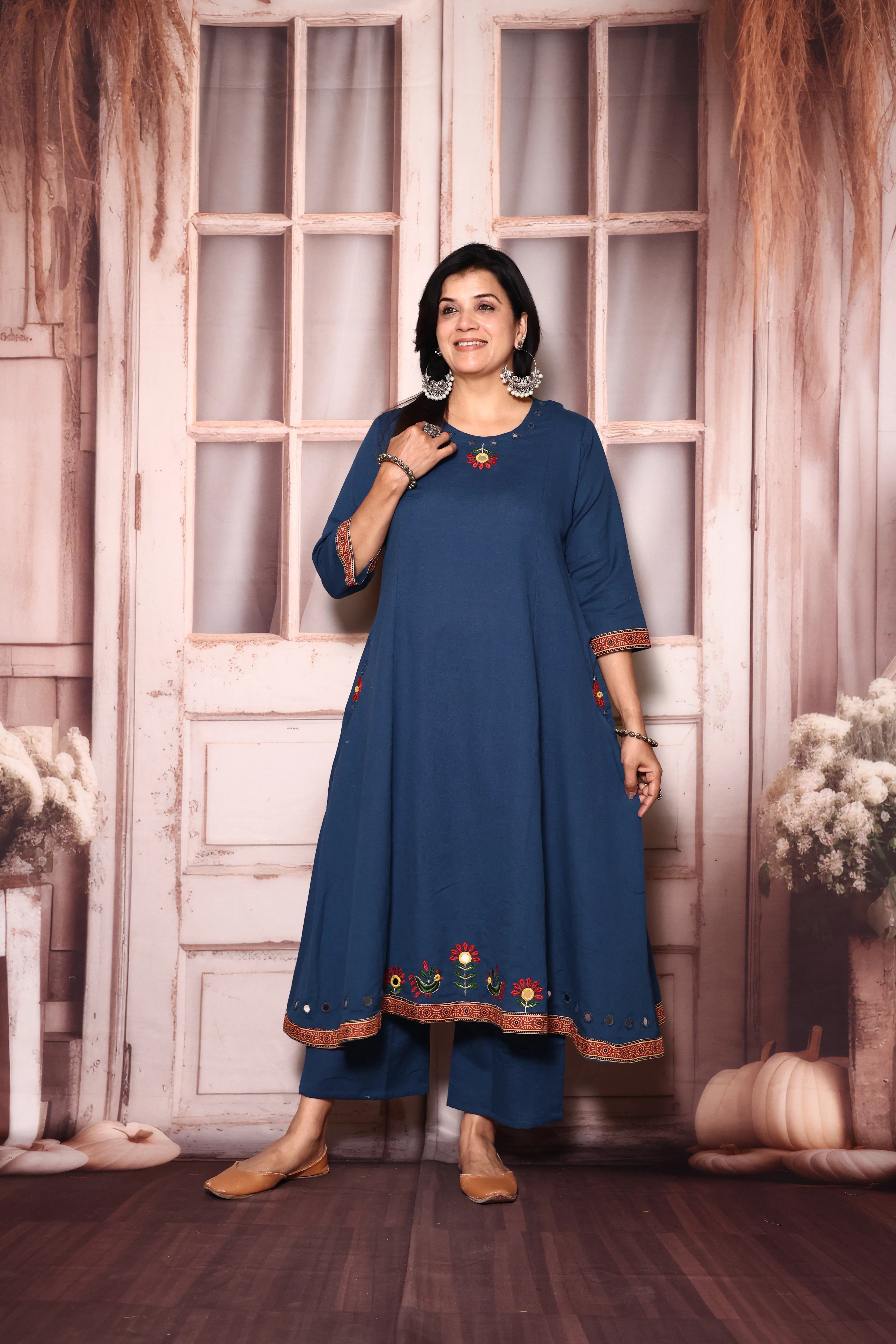 Classic blue Embroidered A-Line Kurta Pant Set | Mirror & Thread Work | Cotton Ethnic Wear