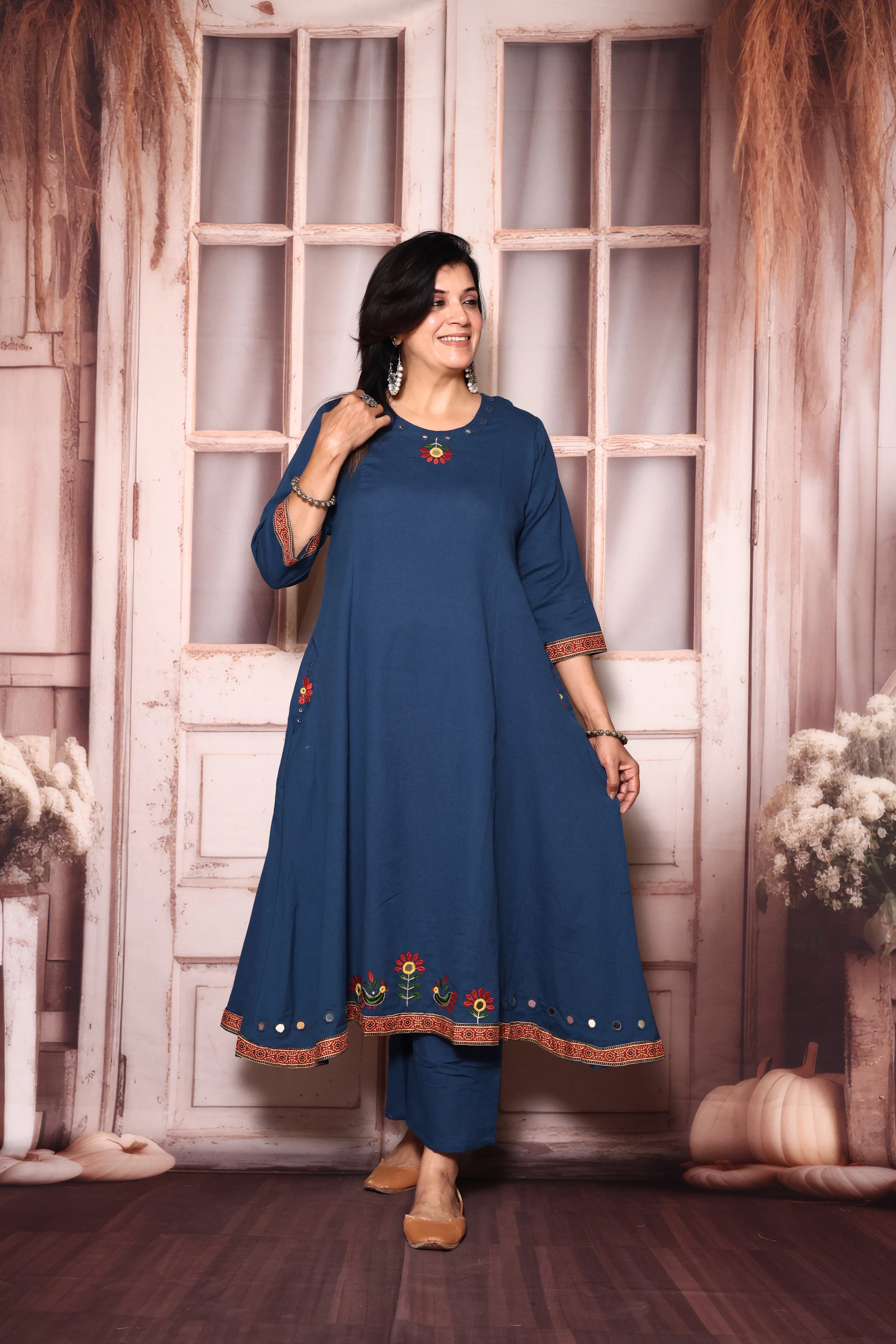Classic blue Embroidered A-Line Kurta Pant Set | Mirror & Thread Work | Cotton Ethnic Wear