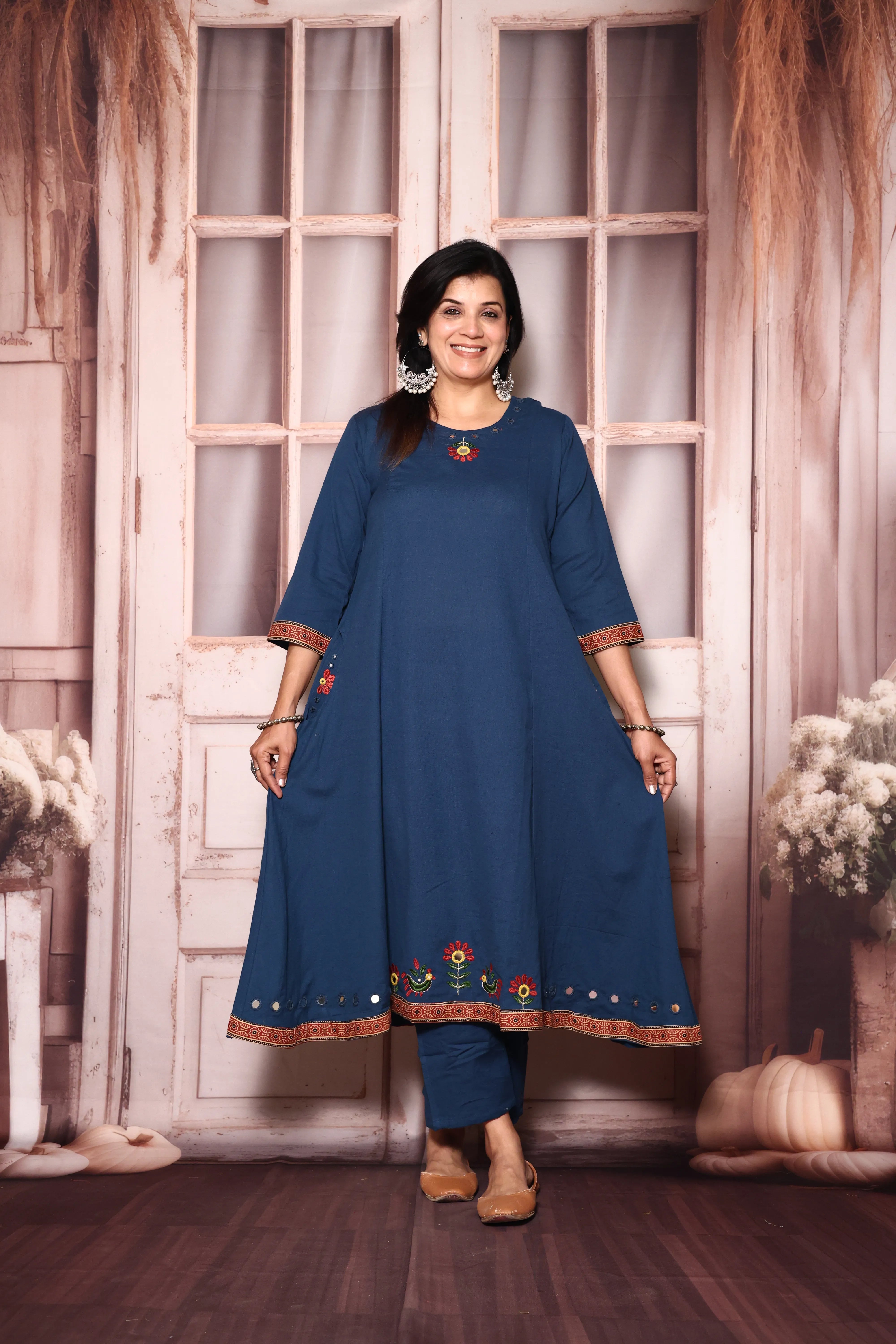 Classic blue Embroidered A-Line Kurta Pant Set | Mirror & Thread Work | Cotton Ethnic Wear