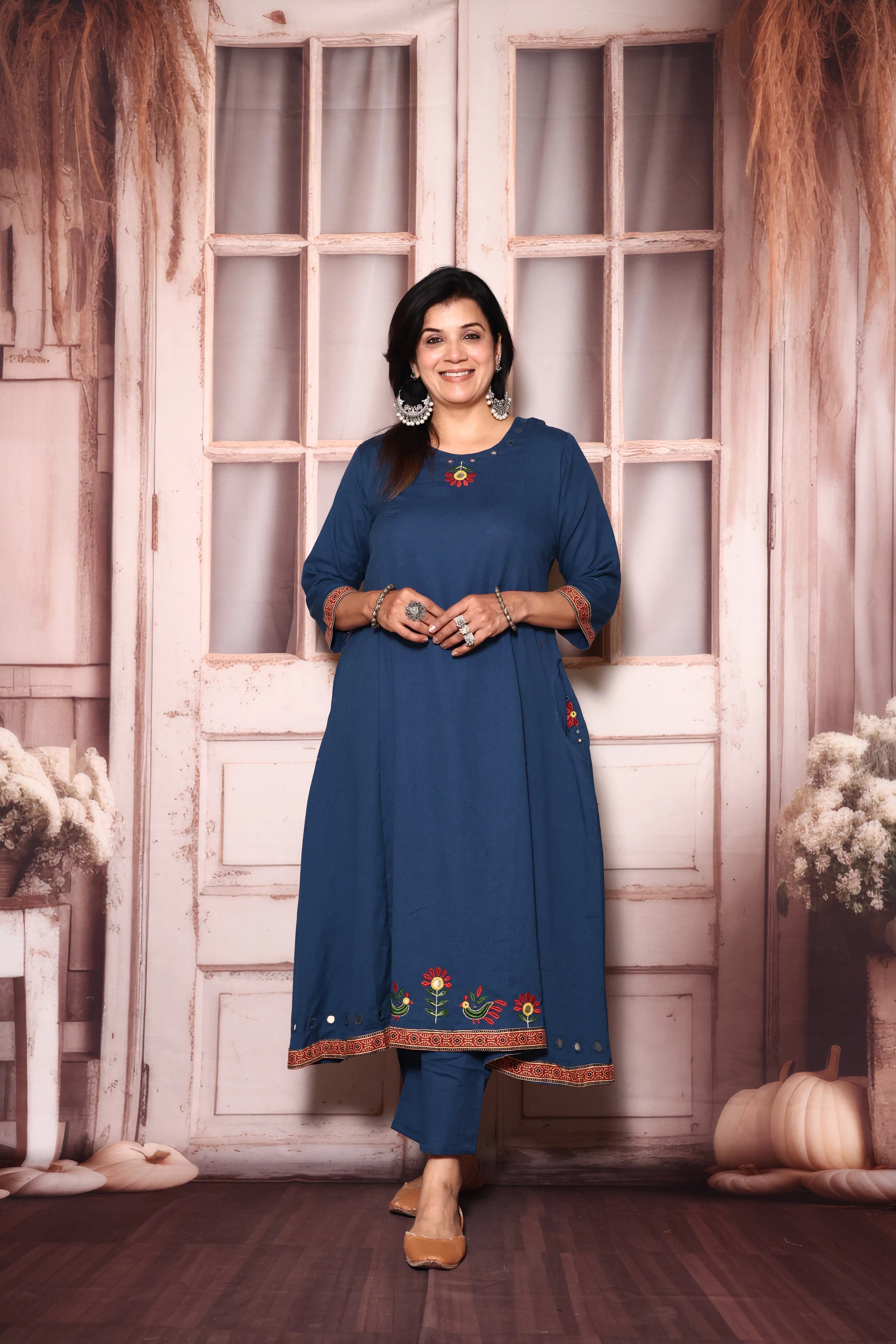 Classic blue Embroidered A-Line Kurta Pant Set | Mirror & Thread Work | Cotton Ethnic Wear