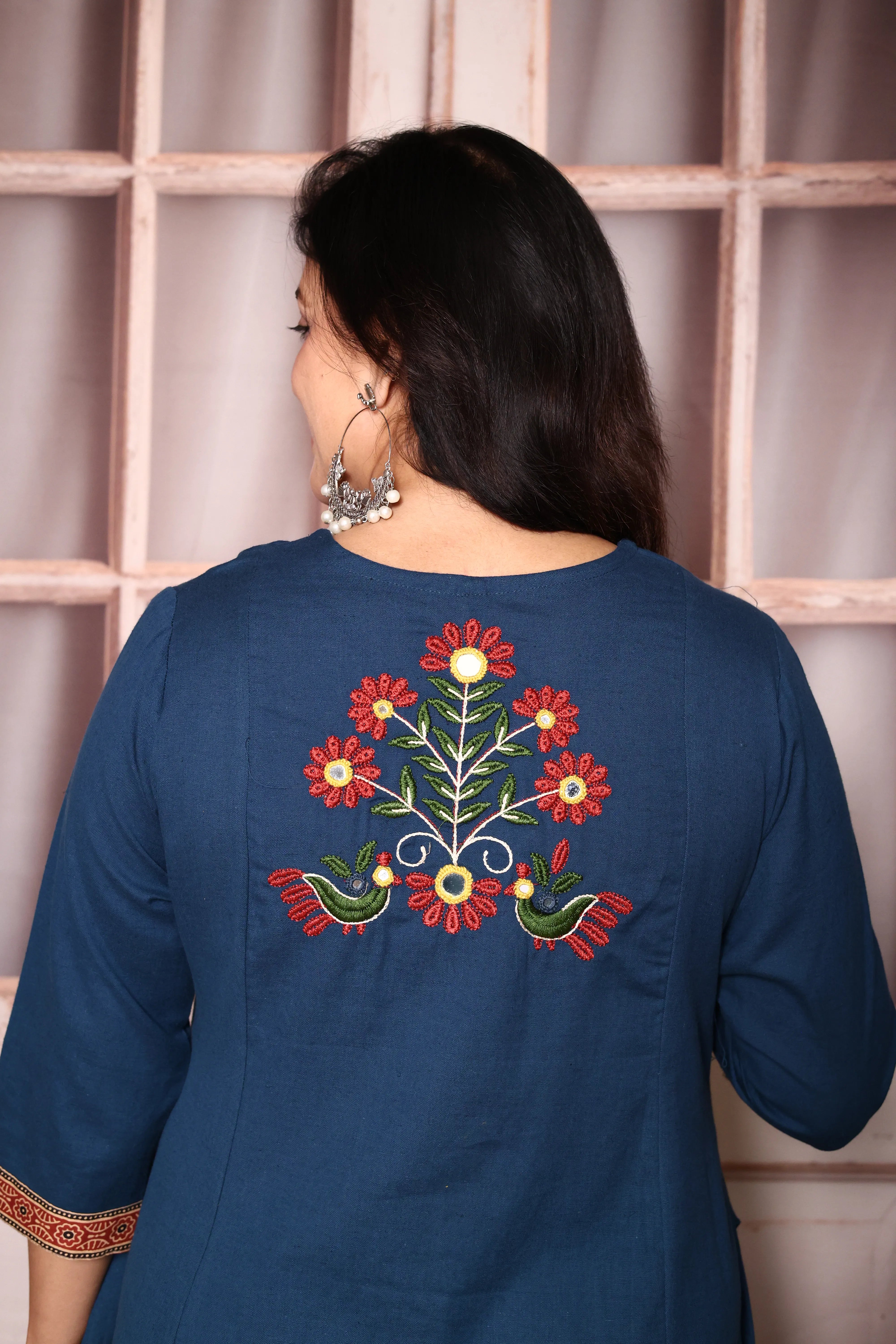 Classic blue Embroidered A-Line Kurta Pant Set | Mirror & Thread Work | Cotton Ethnic Wear
