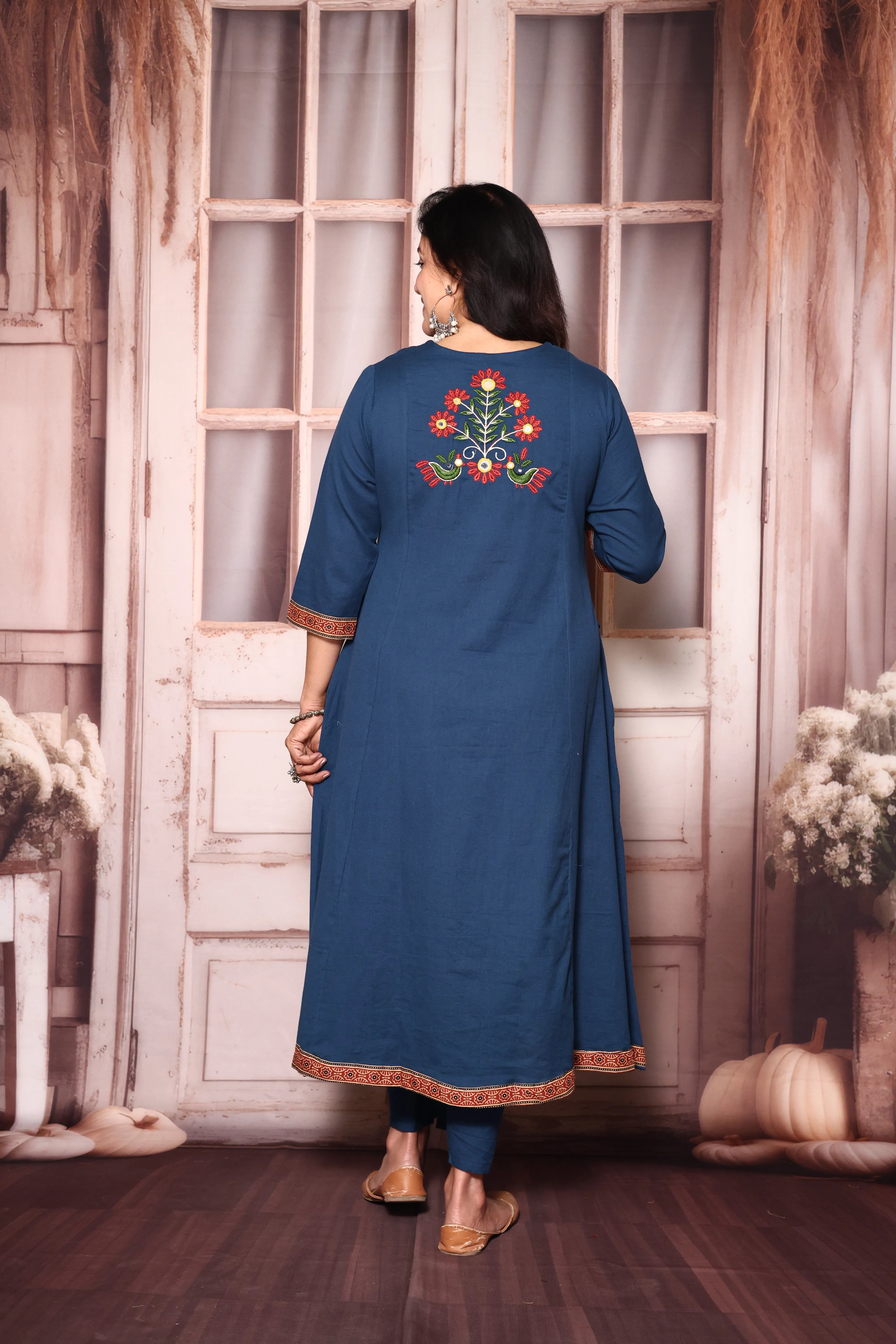 Classic blue Embroidered A-Line Kurta Pant Set | Mirror & Thread Work | Cotton Ethnic Wear
