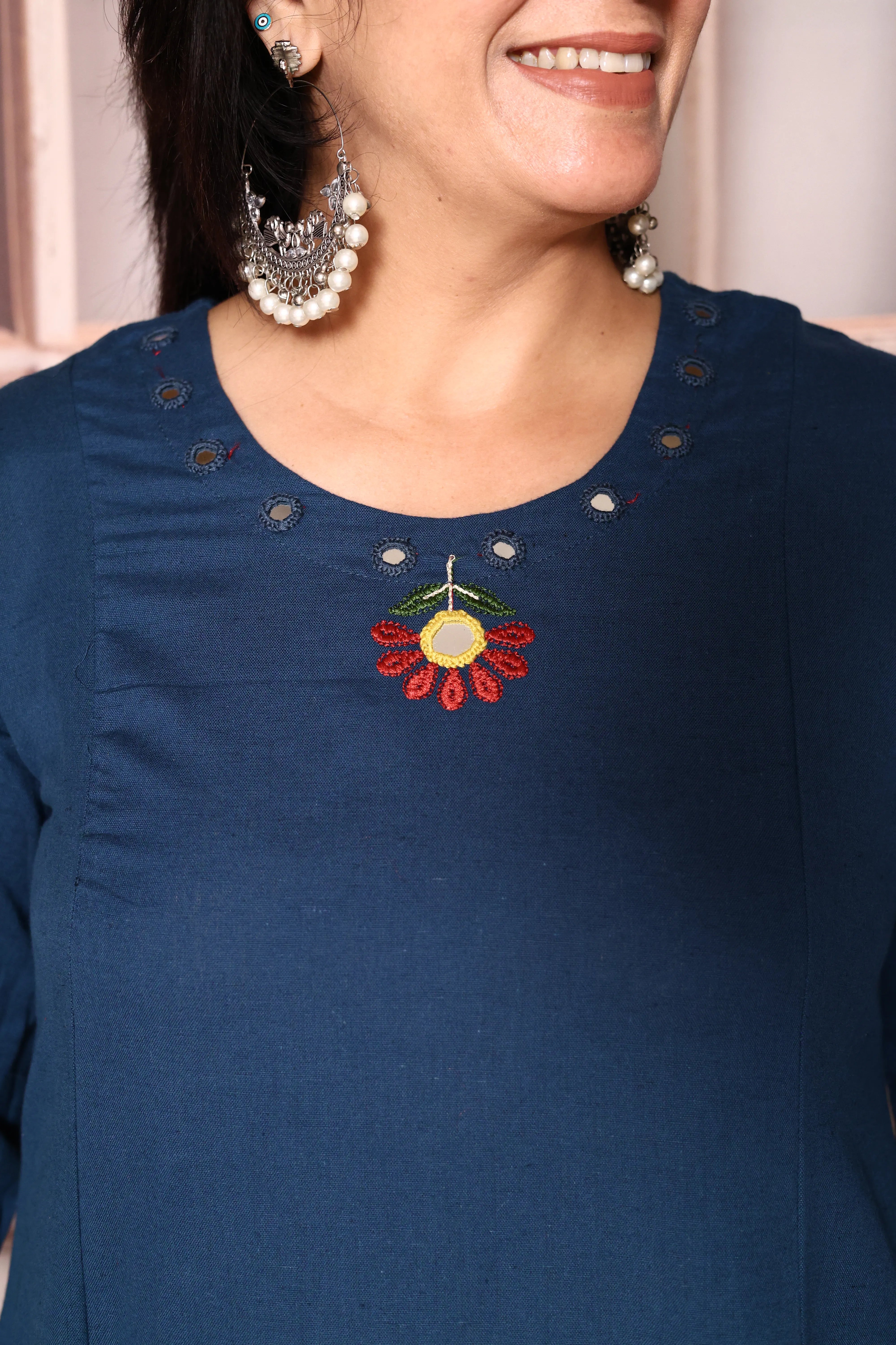 Classic blue Embroidered A-Line Kurta Pant Set | Mirror & Thread Work | Cotton Ethnic Wear