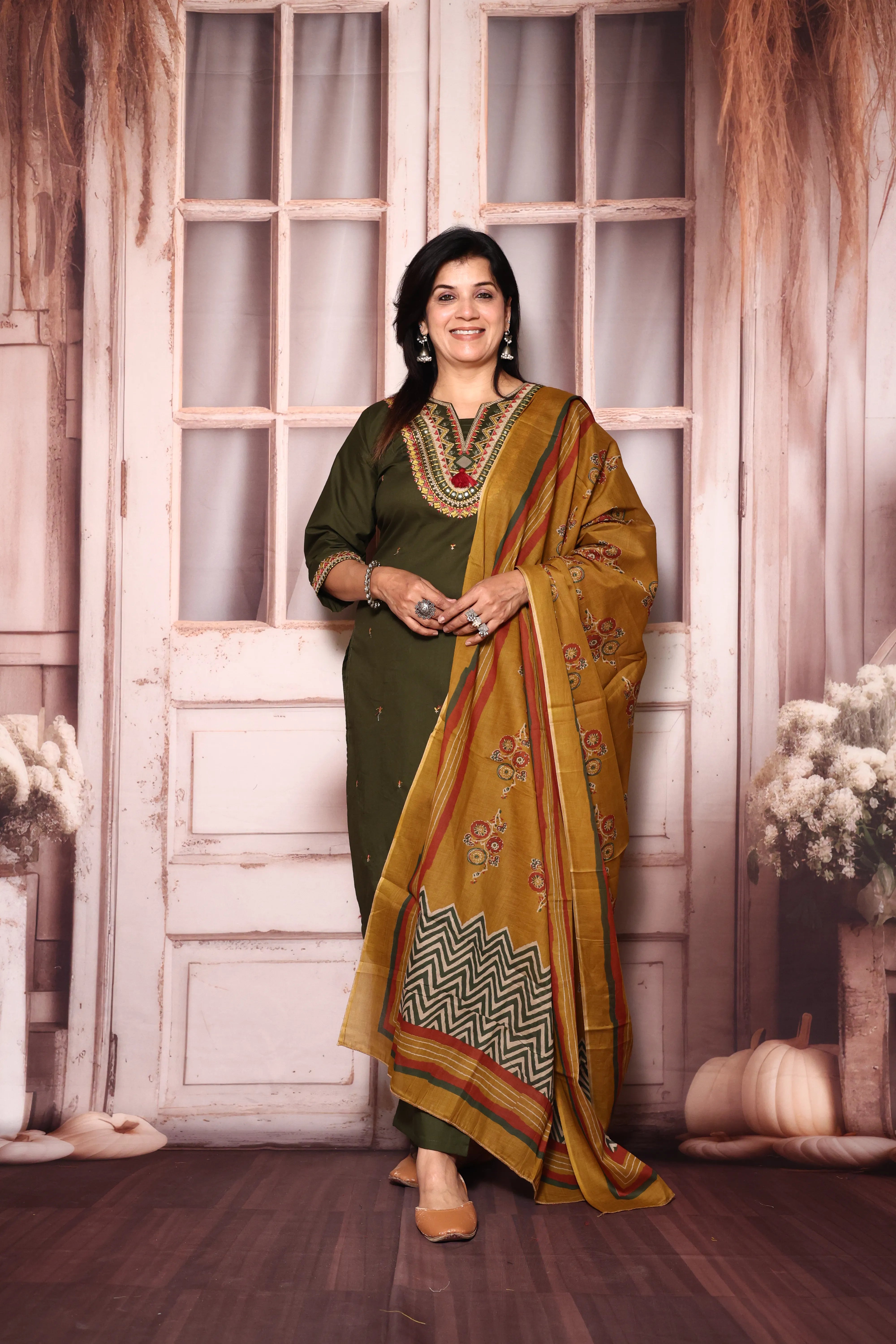 Dark Olive Yoke Work Kurta Pant with Printed Dupatta Set | Mirror & Thread Embroidery