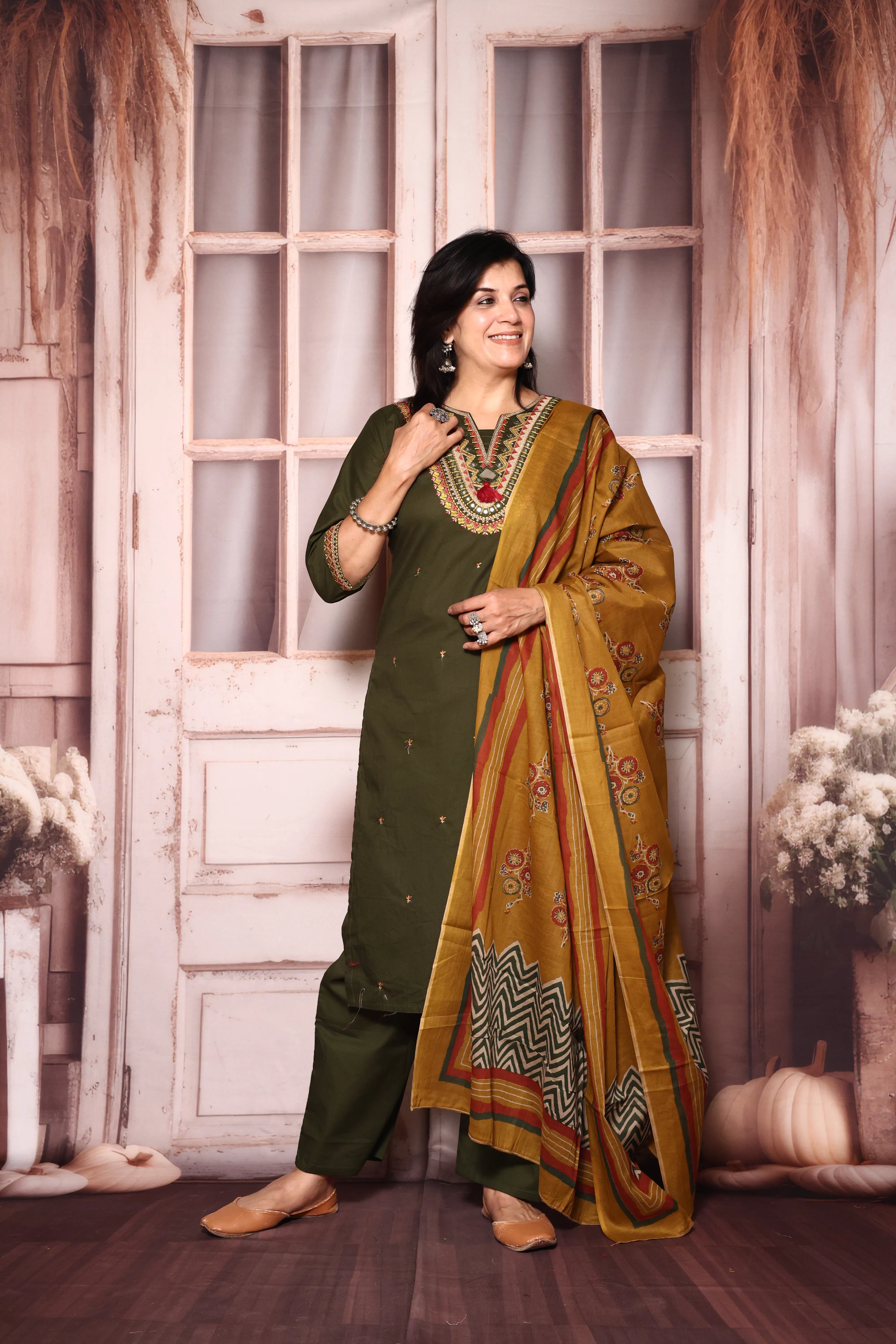 Dark Olive Yoke Work Kurta Pant with Printed Dupatta Set | Mirror & Thread Embroidery