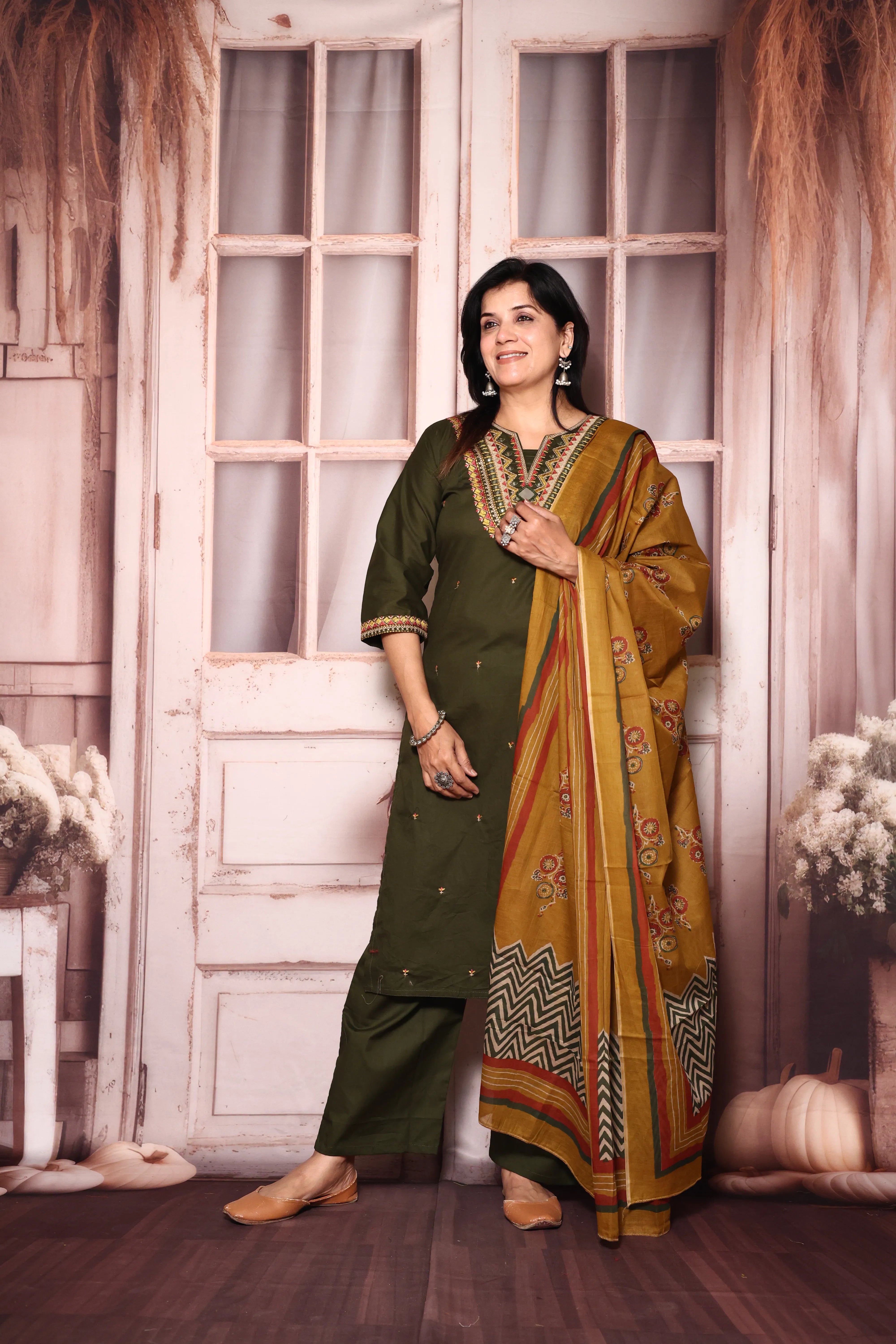 Dark Olive Yoke Work Kurta Pant with Printed Dupatta Set | Mirror & Thread Embroidery