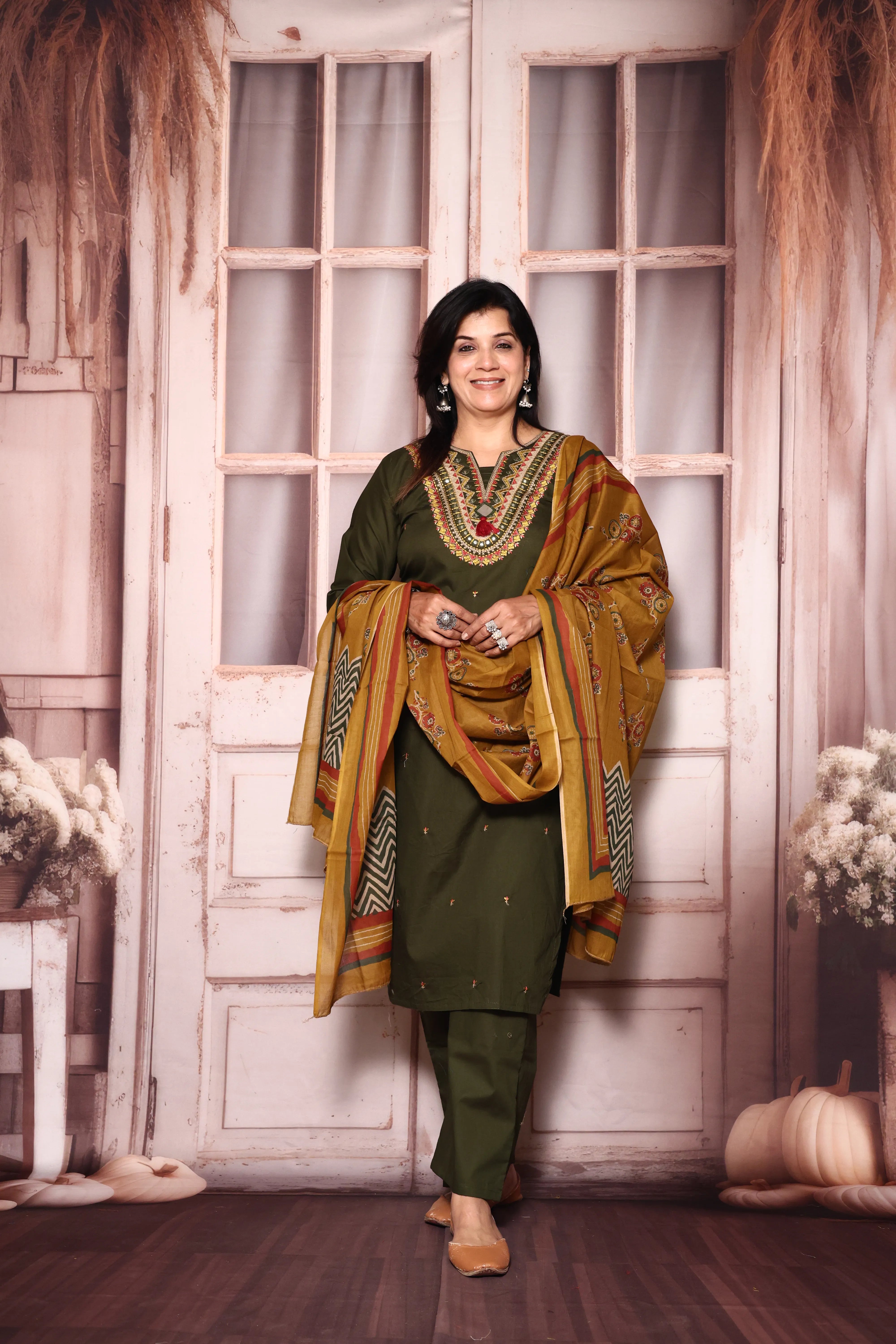 Dark Olive Yoke Work Kurta Pant with Printed Dupatta Set | Mirror & Thread Embroidery