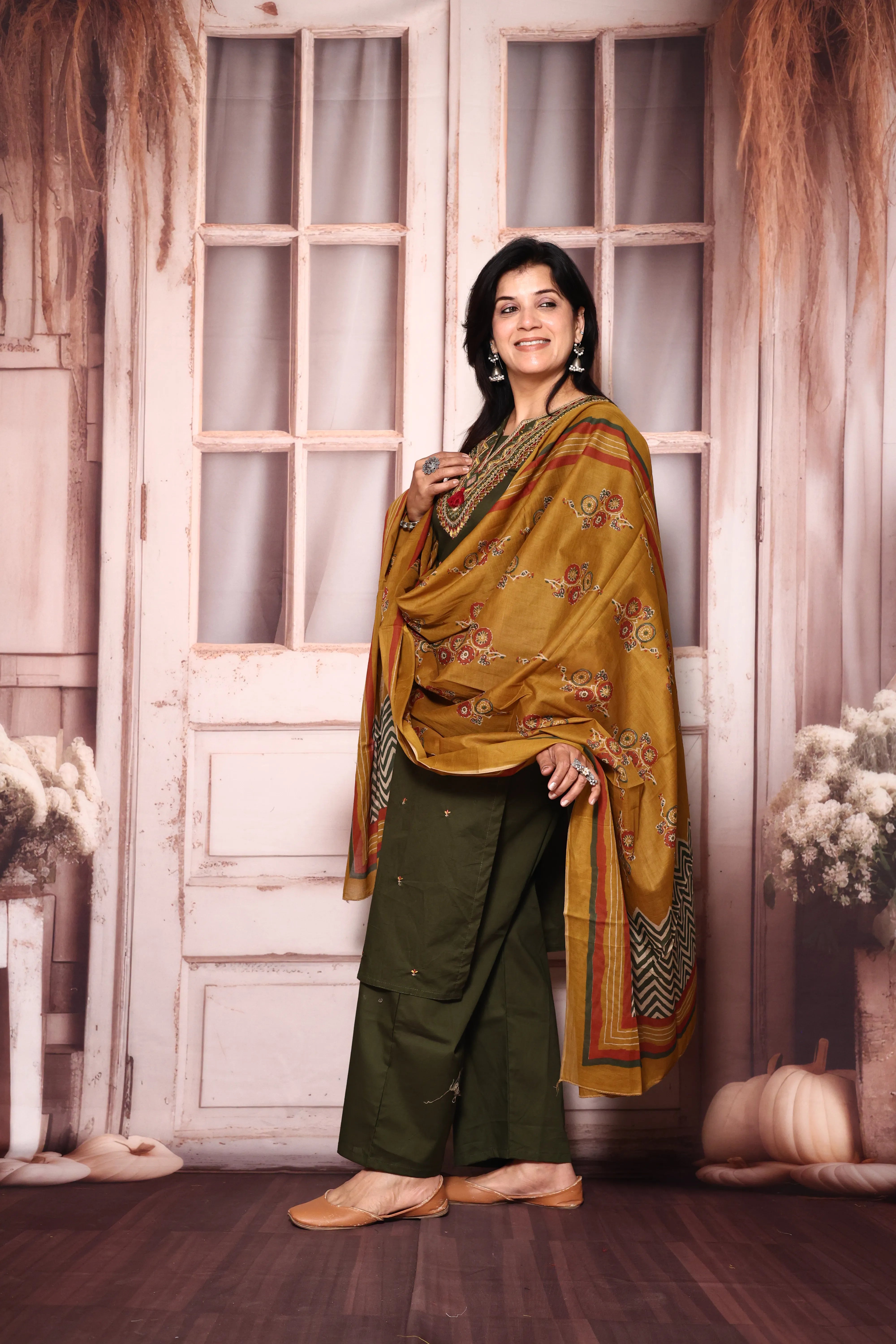 Dark Olive Yoke Work Kurta Pant with Printed Dupatta Set | Mirror & Thread Embroidery