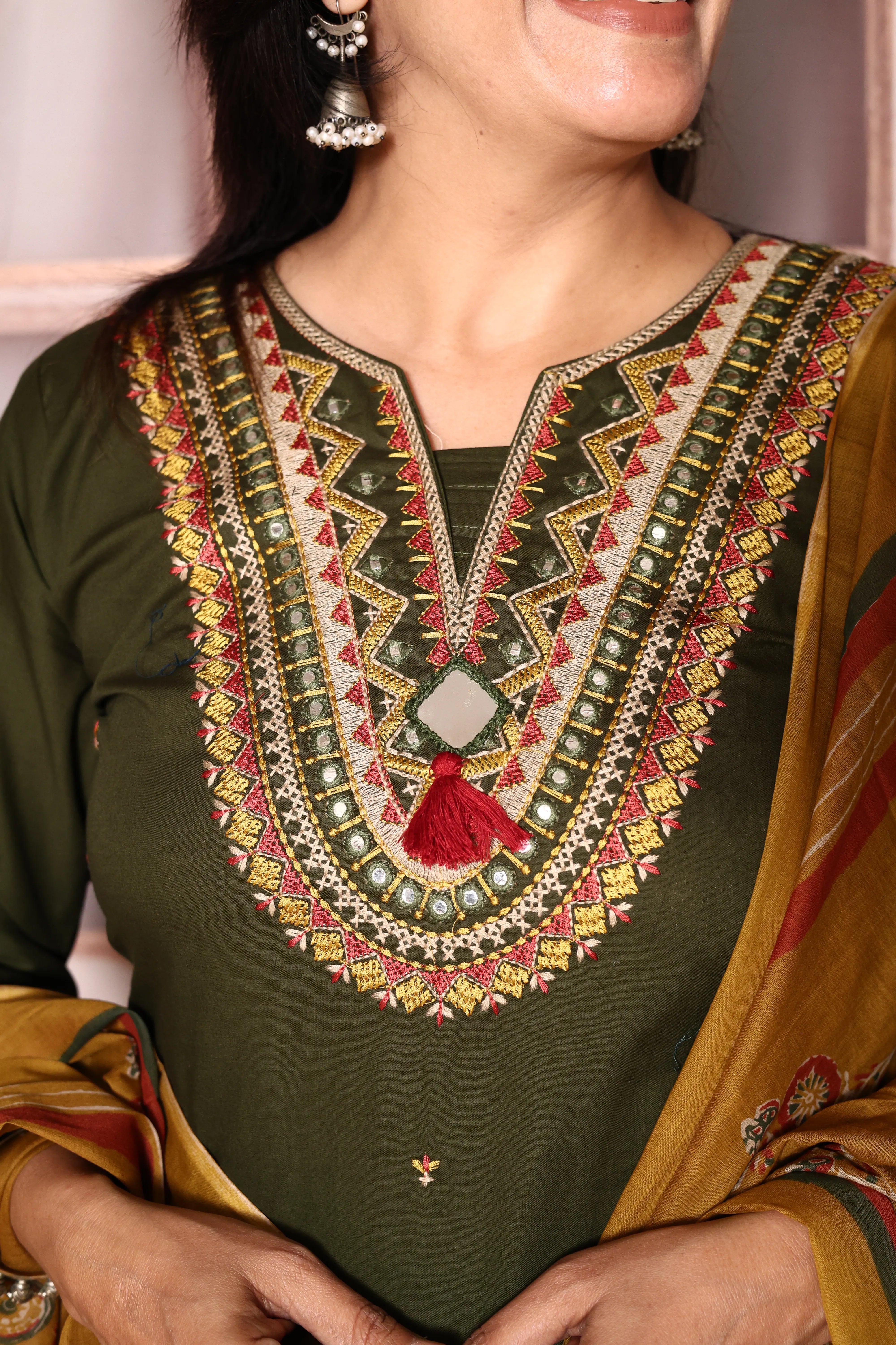 Dark Olive Yoke Work Kurta Pant with Printed Dupatta Set | Mirror & Thread Embroidery