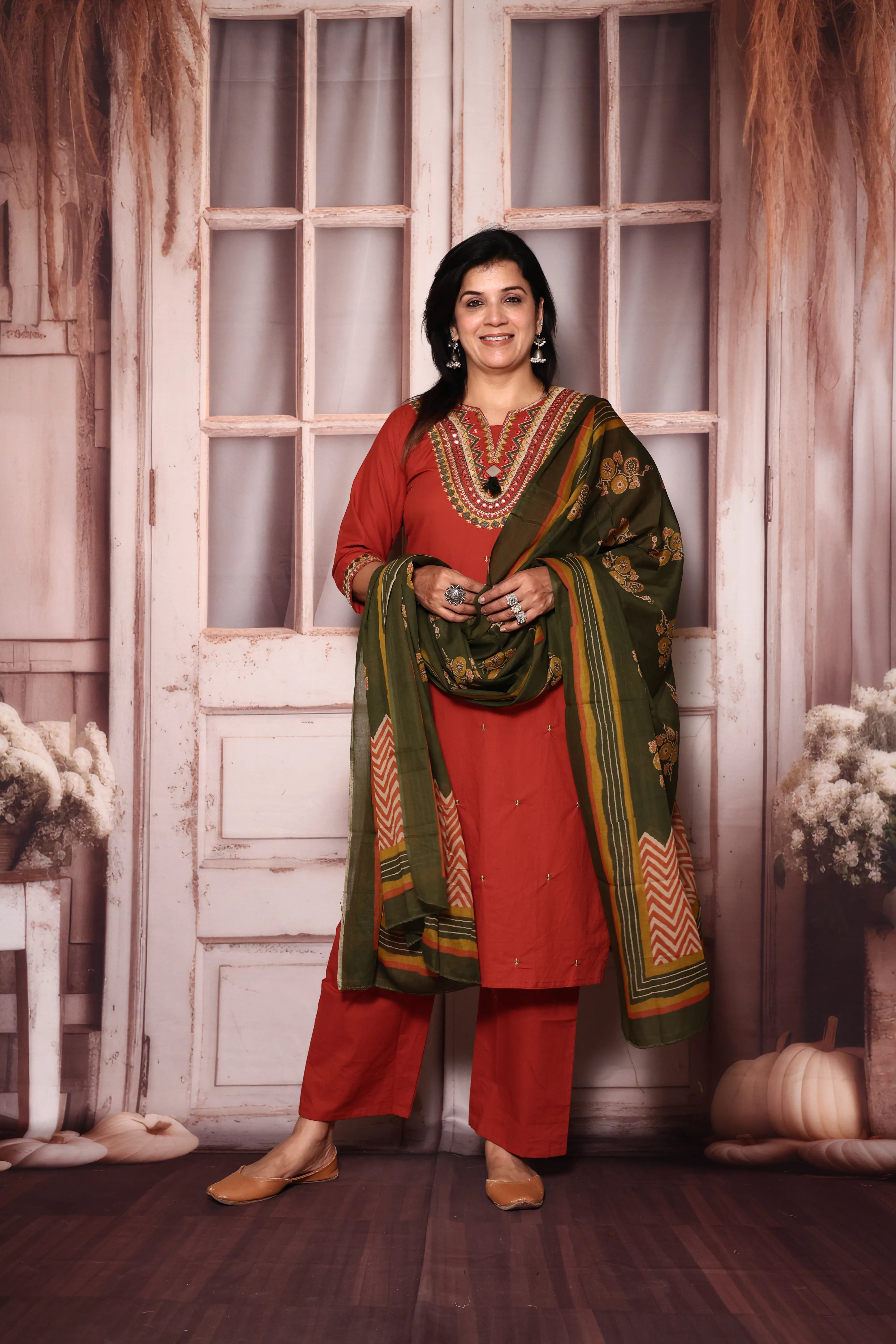 Burnt Amber Yoke Work Kurta Pant with Printed Dupatta Set | Mirror & Thread Embroidery