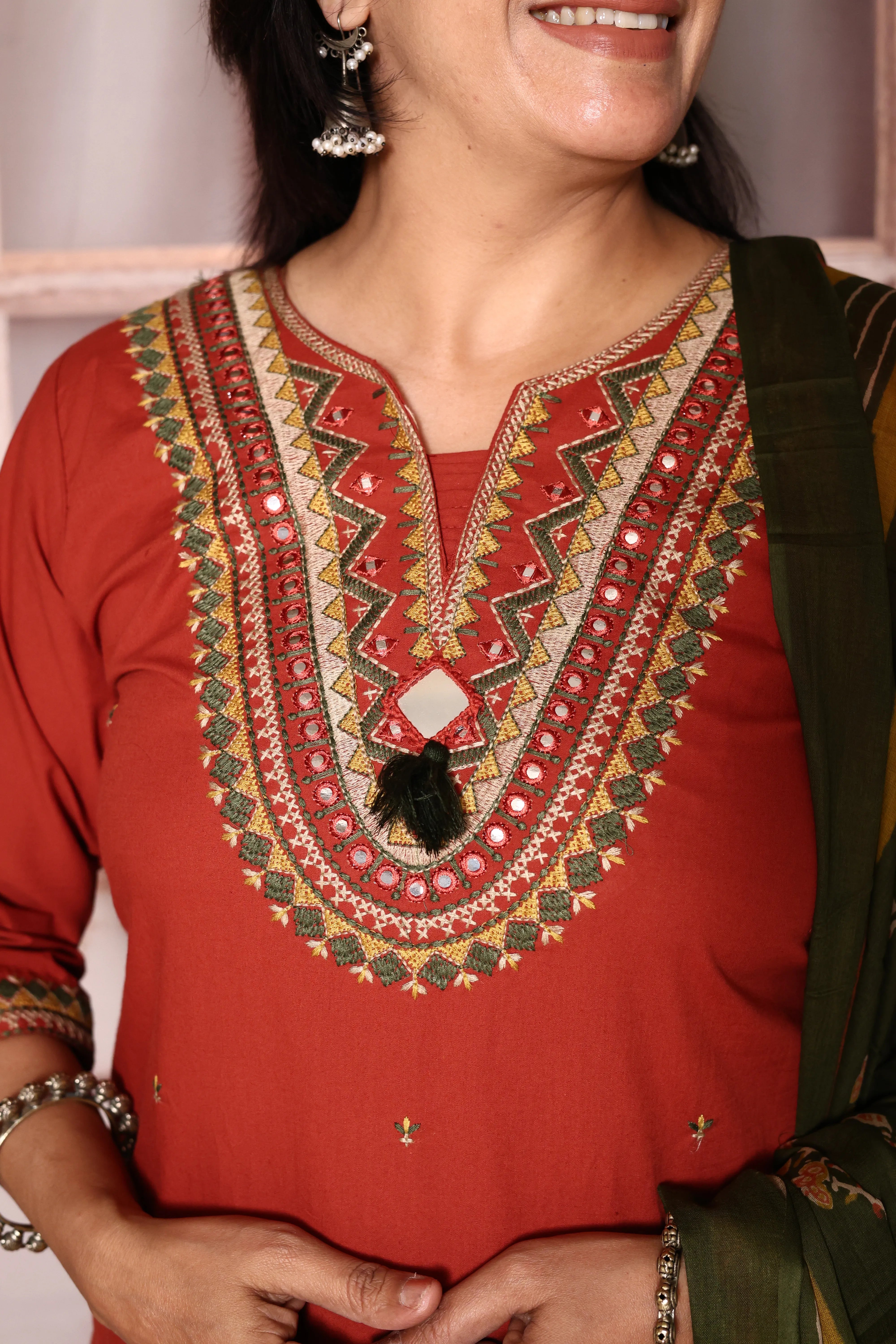 Burnt Amber Yoke Work Kurta Pant with Printed Dupatta Set | Mirror & Thread Embroidery