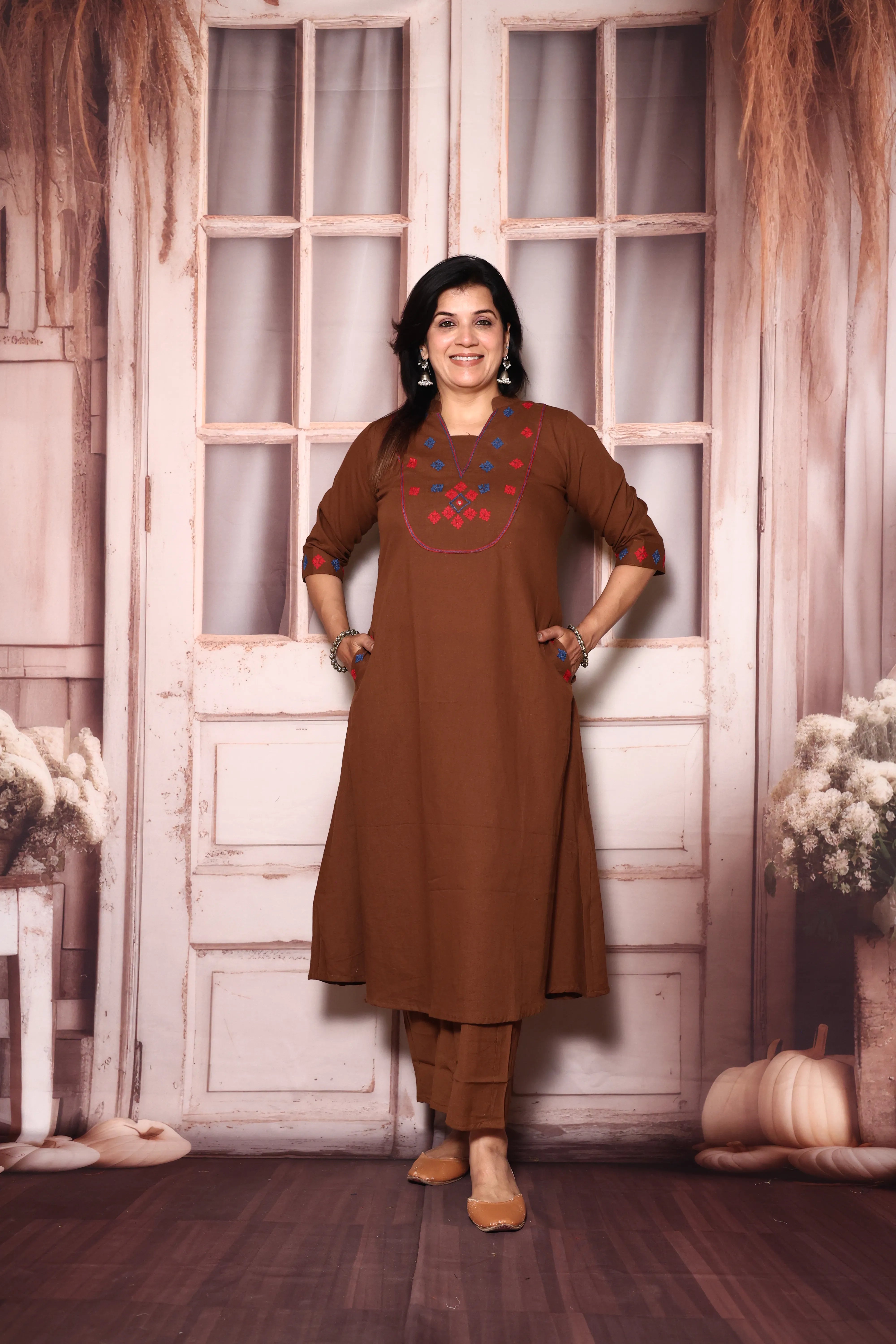 Brownie Yoke Work Kurta Pant Set | Thread Embroidery | Cotton Ethnic Wear