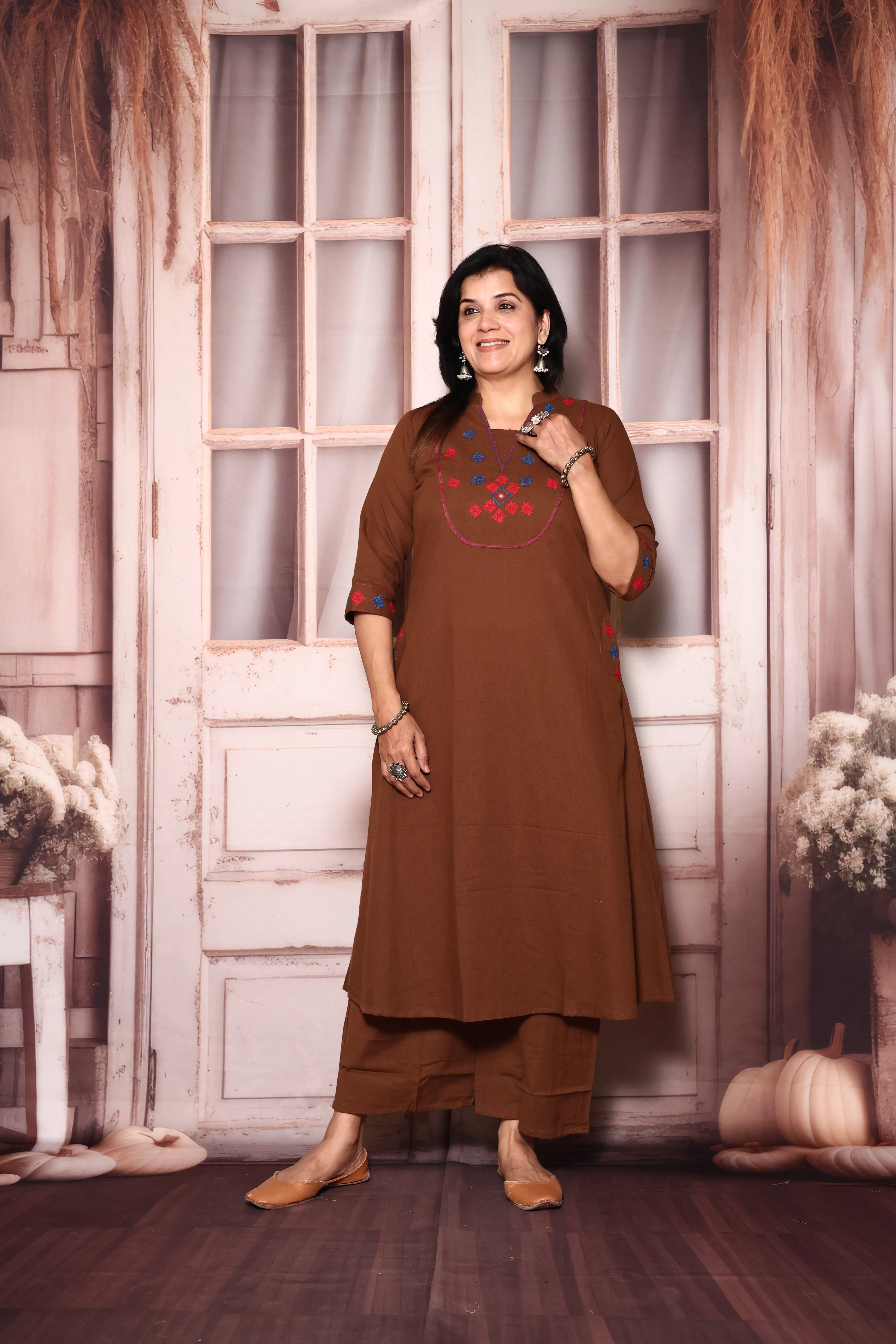 Brownie Yoke Work Kurta Pant Set | Thread Embroidery | Cotton Ethnic Wear