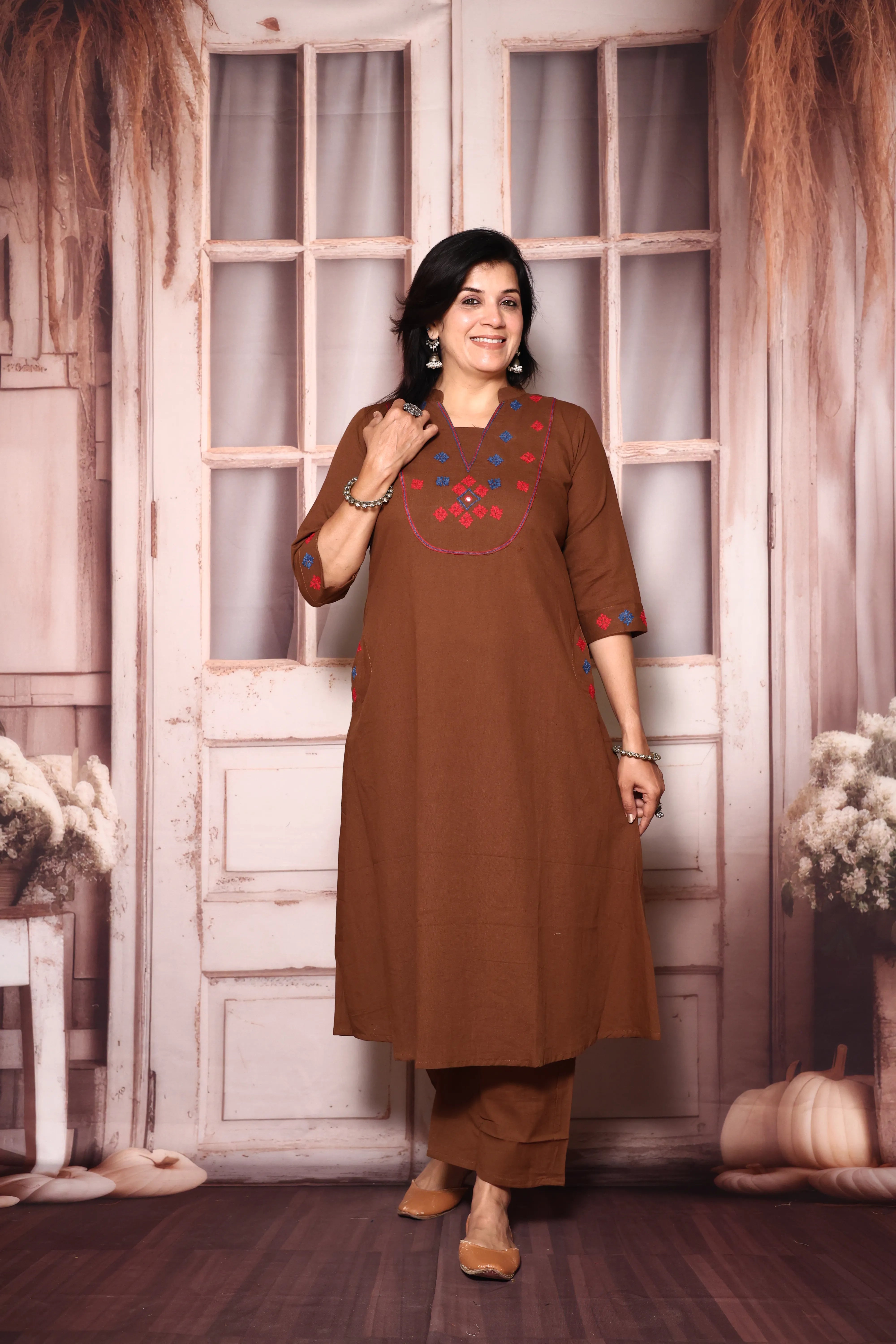Brownie Yoke Work Kurta Pant Set | Thread Embroidery | Cotton Ethnic Wear