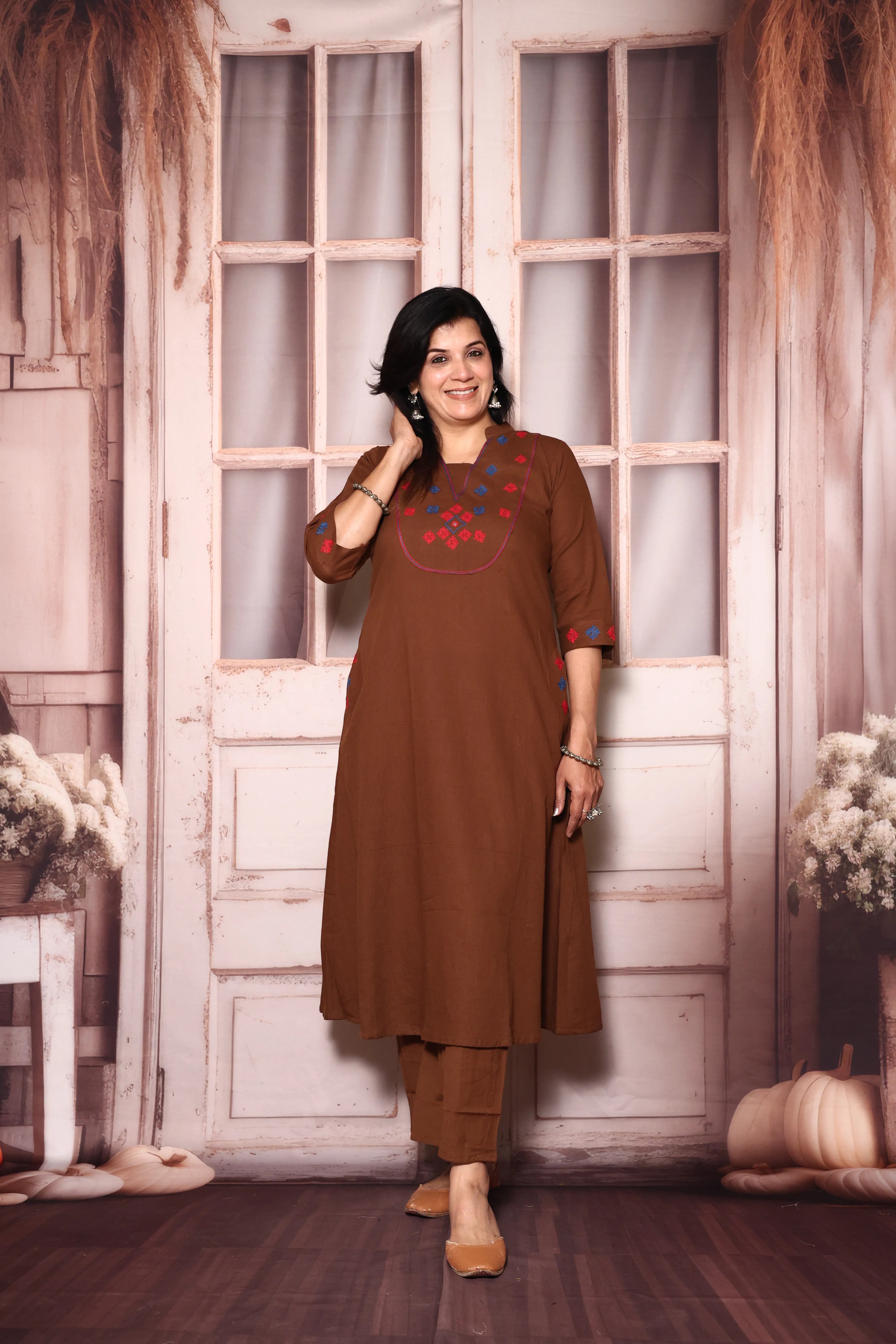 Brownie Yoke Work Kurta Pant Set | Thread Embroidery | Cotton Ethnic Wear