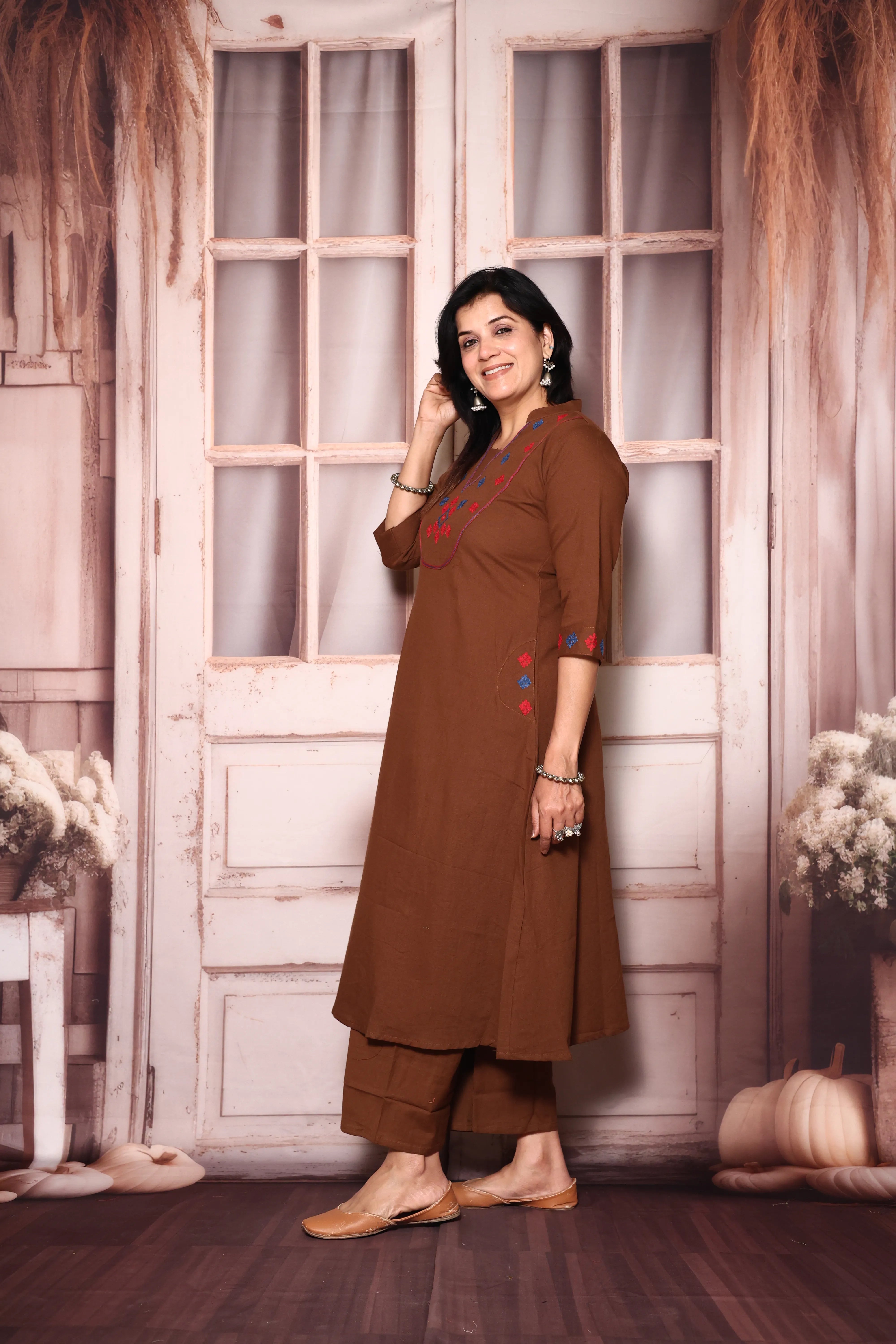 Brownie Yoke Work Kurta Pant Set | Thread Embroidery | Cotton Ethnic Wear