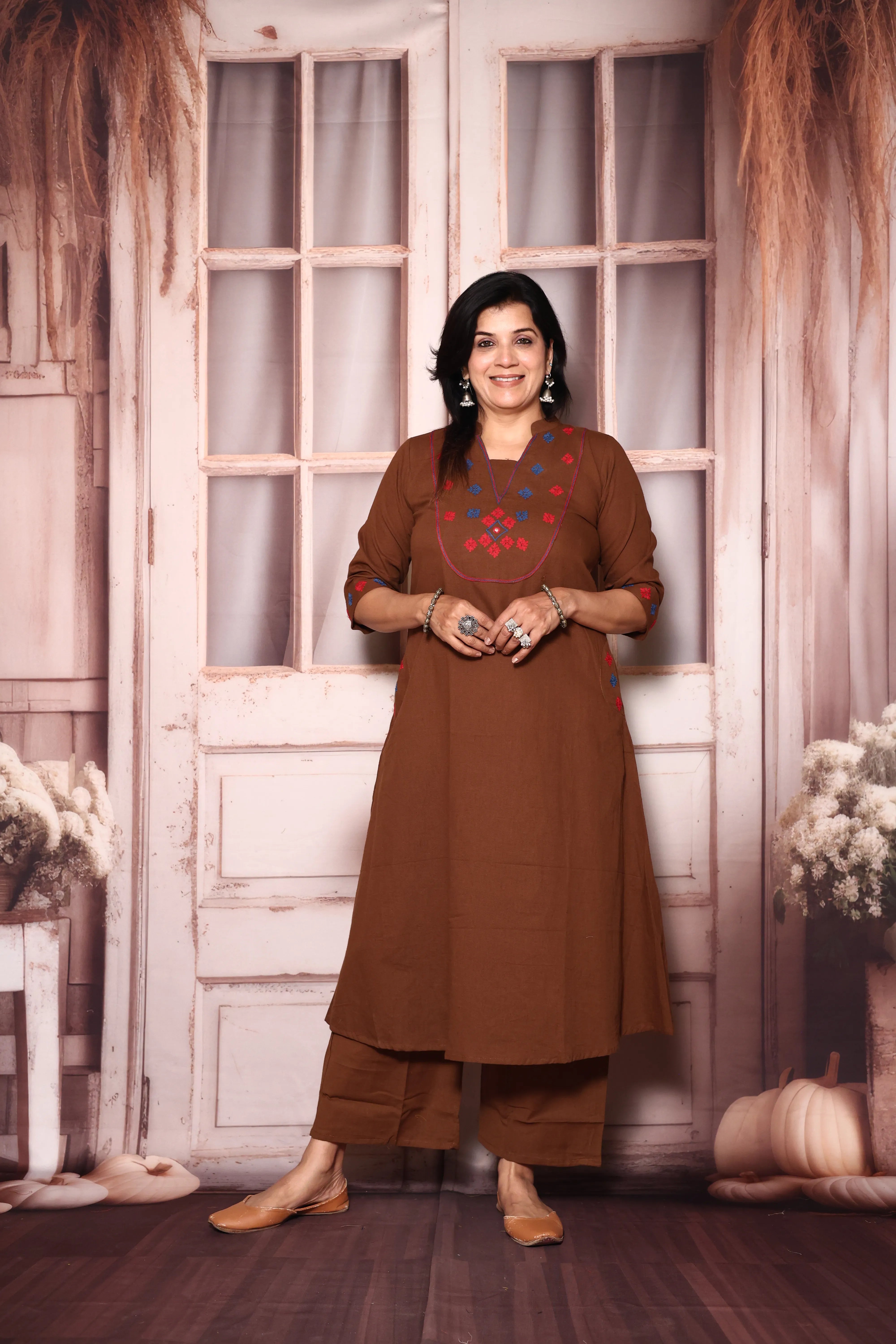 Brownie Yoke Work Kurta Pant Set | Thread Embroidery | Cotton Ethnic Wear