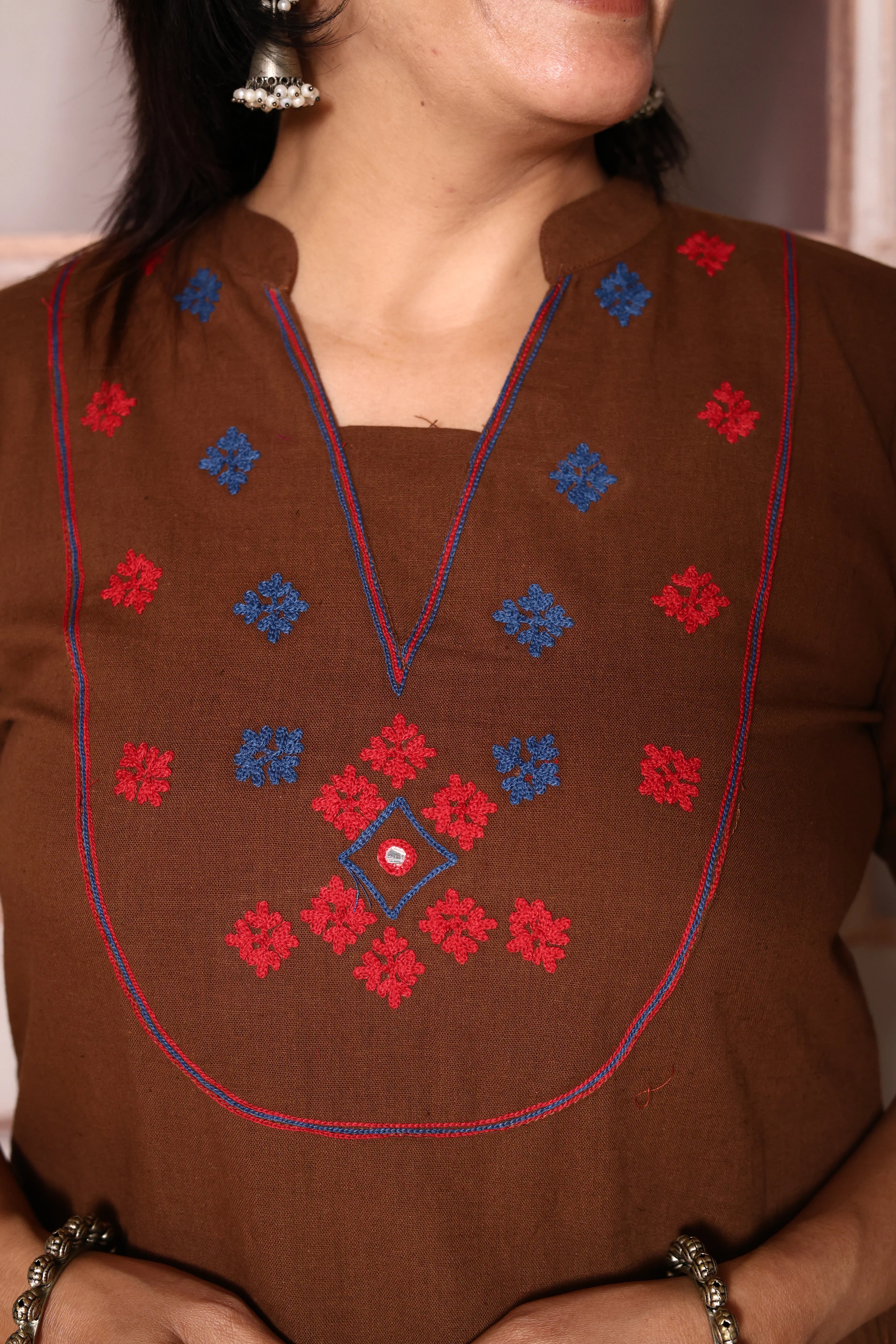 Brownie Yoke Work Kurta Pant Set | Thread Embroidery | Cotton Ethnic Wear