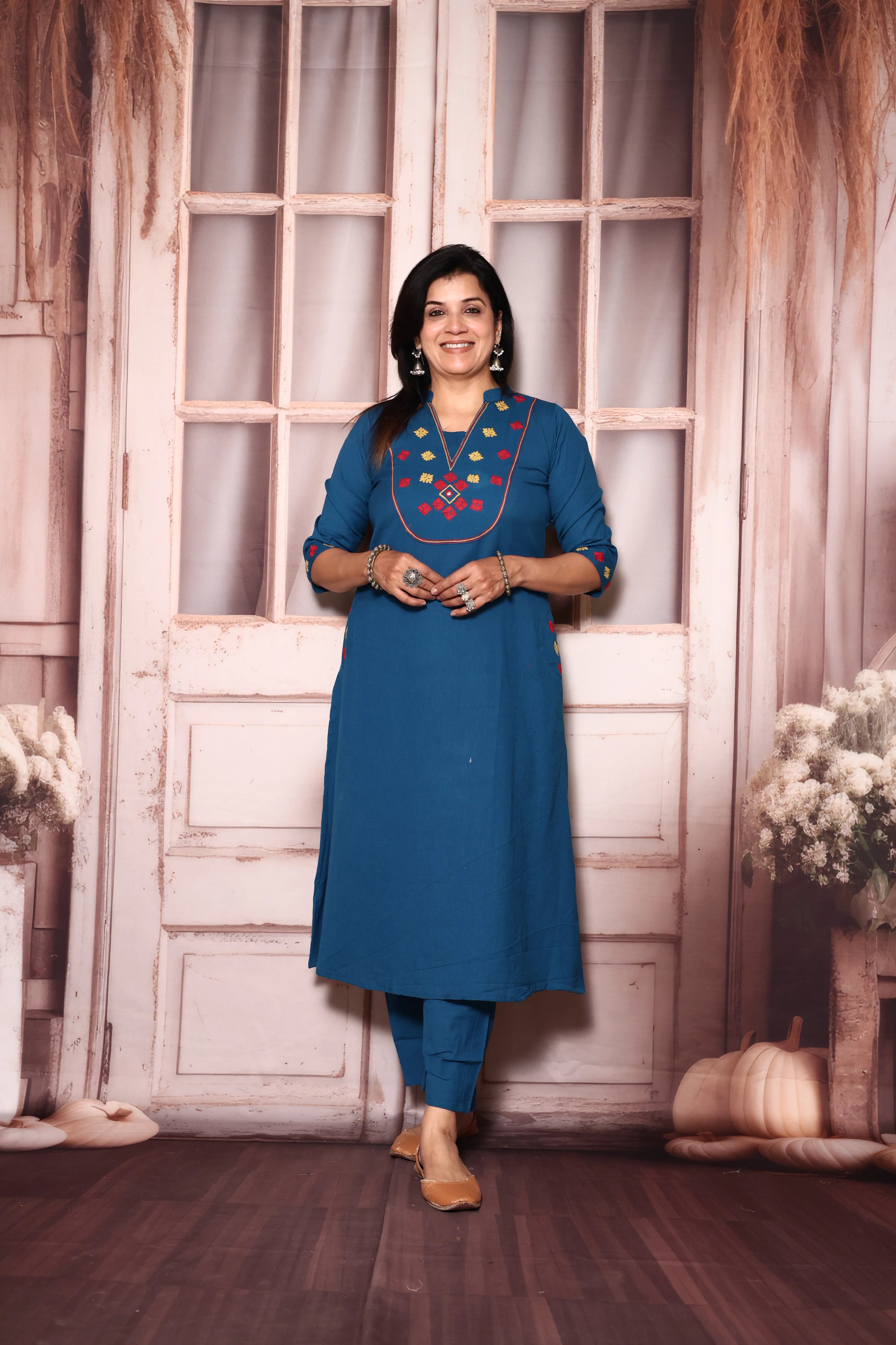 Azure Blue Yoke Work Kurta Pant Set | Thread Embroidery | Cotton Ethnic Wear