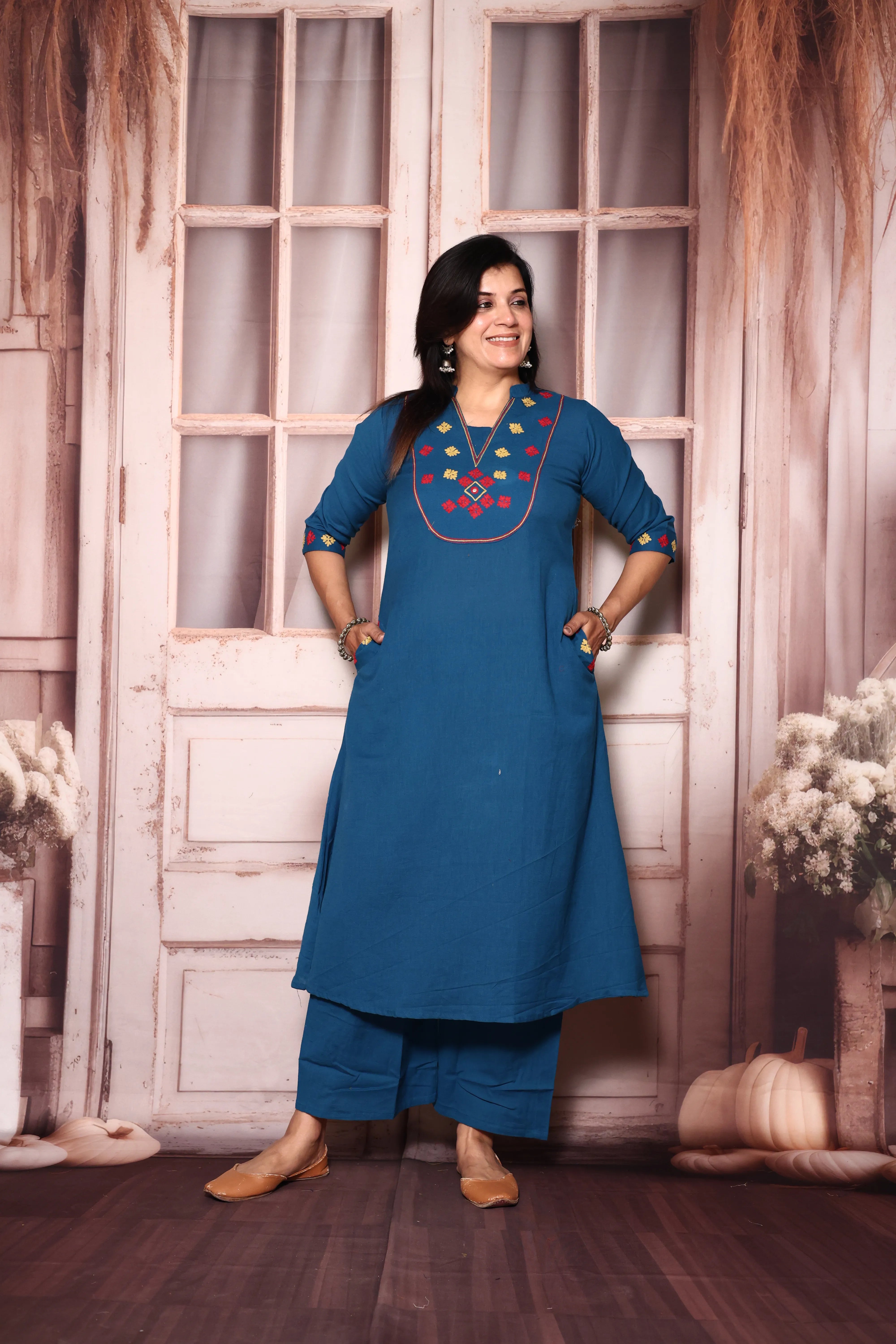 Azure Blue Yoke Work Kurta Pant Set | Thread Embroidery | Cotton Ethnic Wear