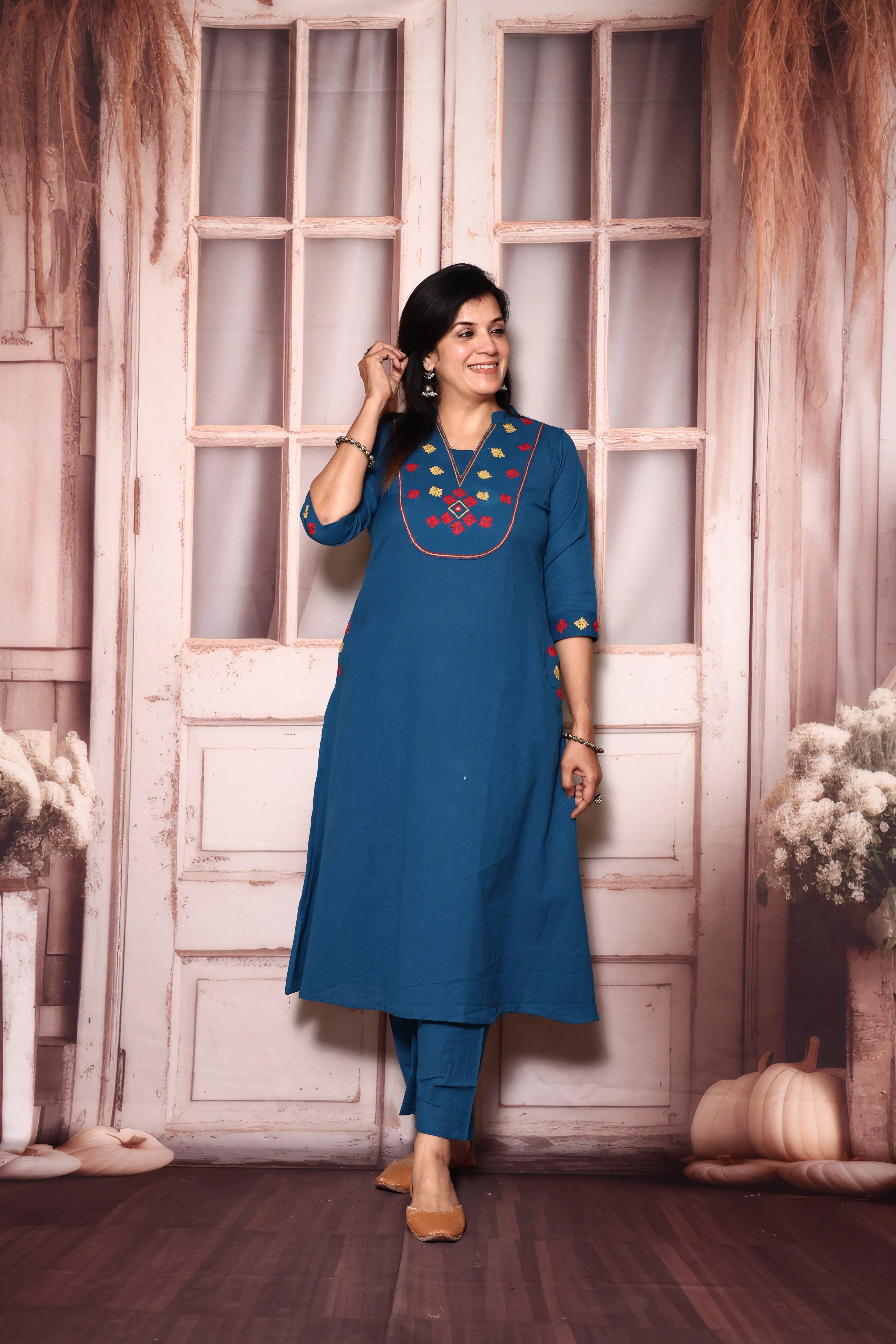 Azure Blue Yoke Work Kurta Pant Set | Thread Embroidery | Cotton Ethnic Wear