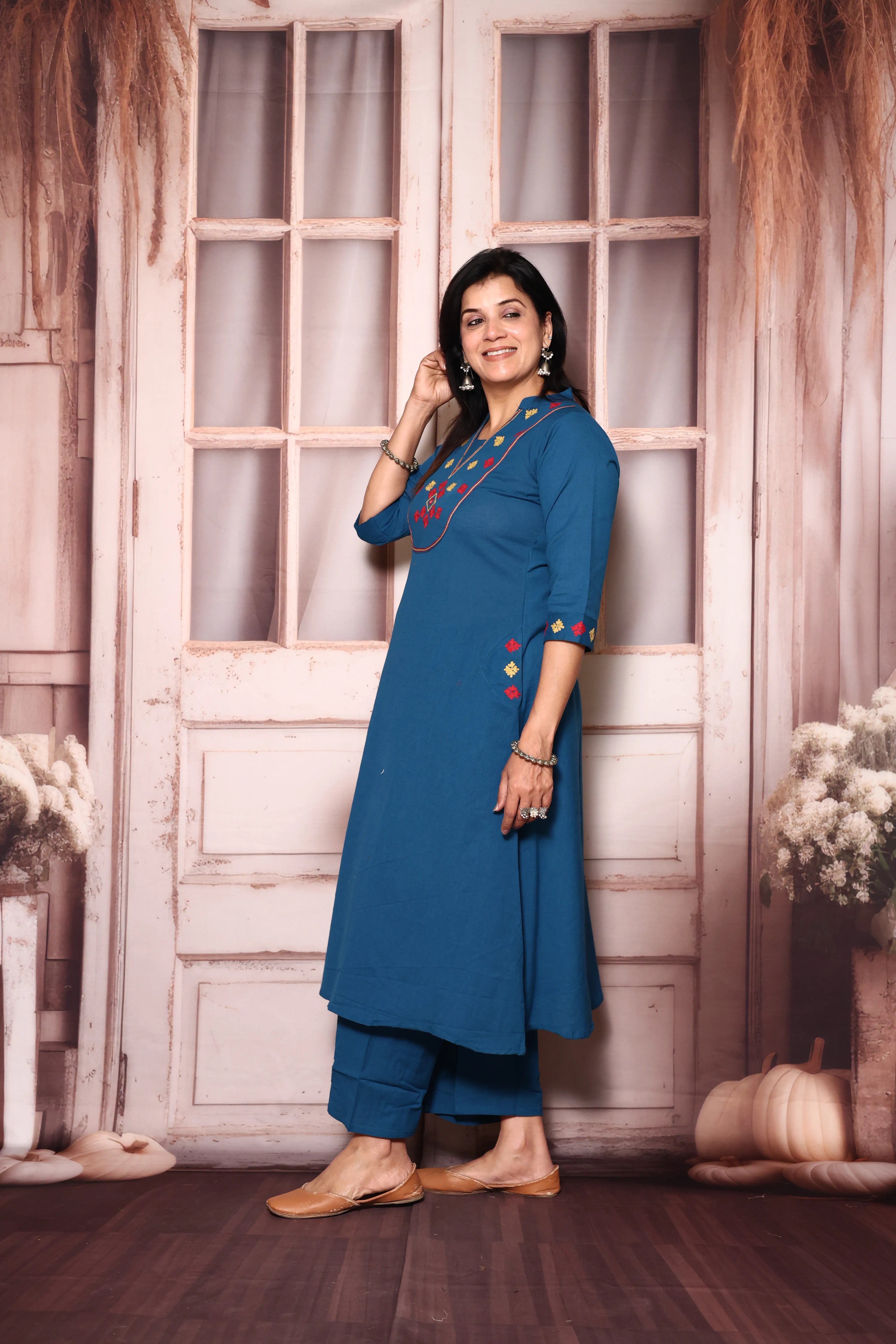 Azure Blue Yoke Work Kurta Pant Set | Thread Embroidery | Cotton Ethnic Wear