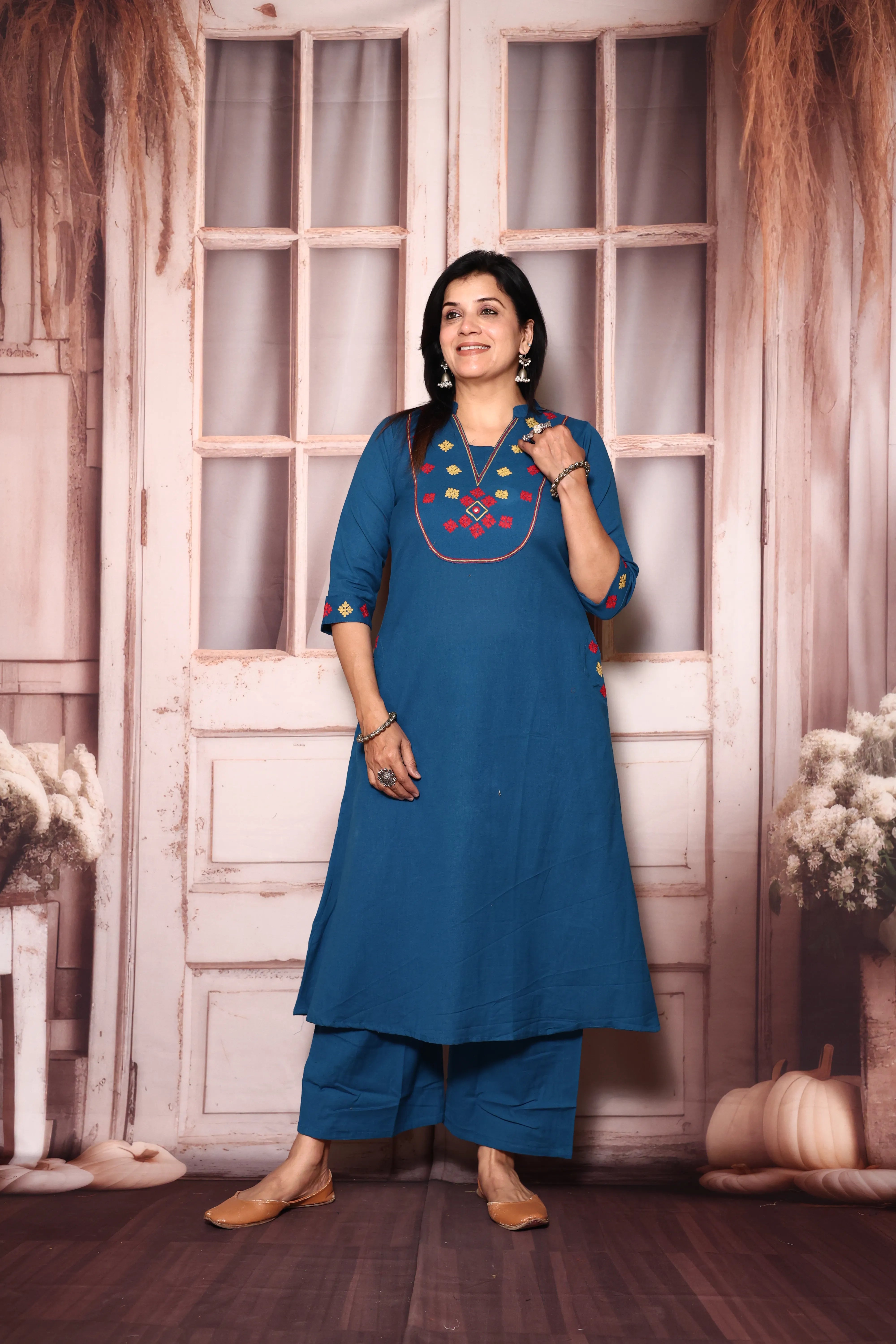 Azure Blue Yoke Work Kurta Pant Set | Thread Embroidery | Cotton Ethnic Wear