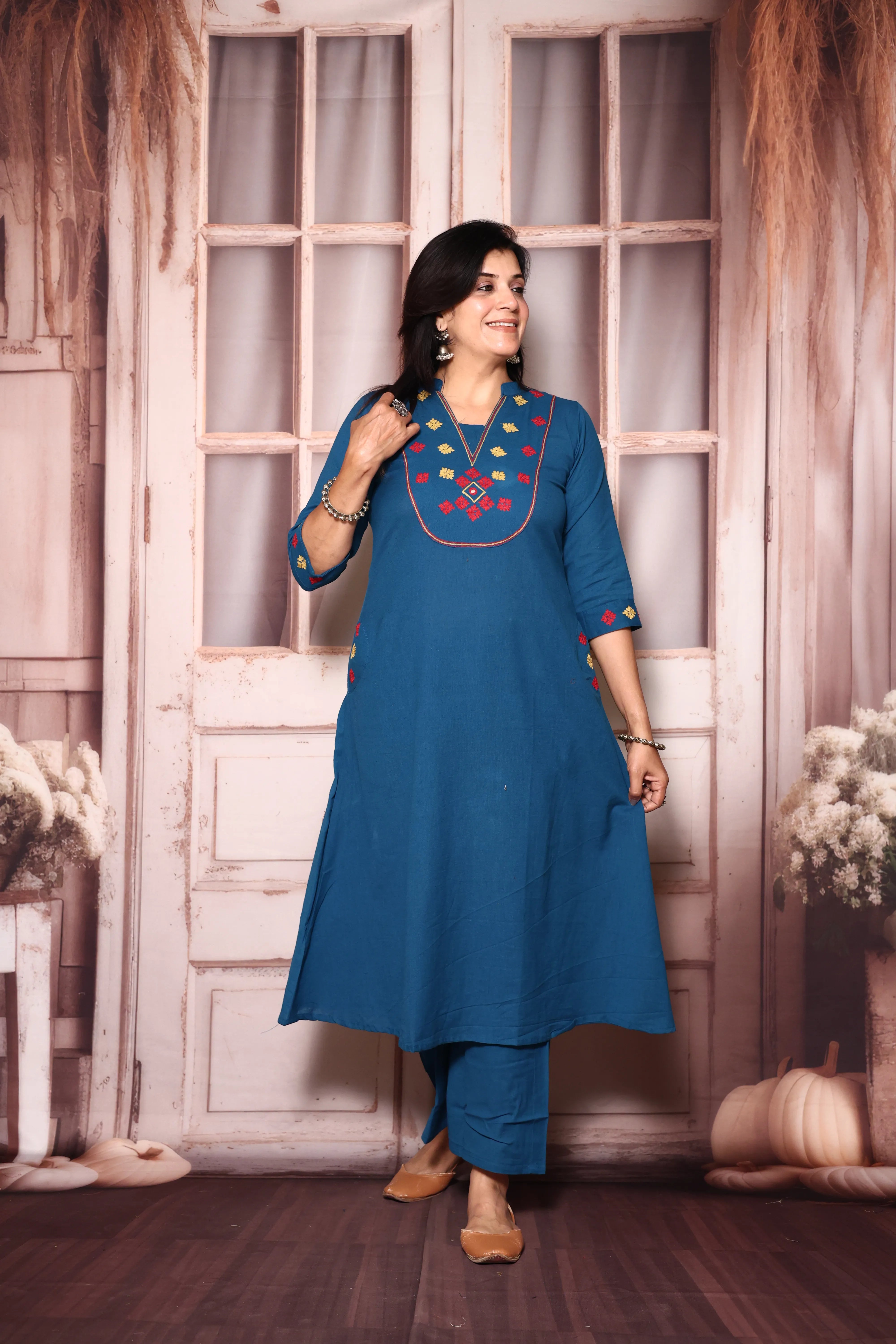 Azure Blue Yoke Work Kurta Pant Set | Thread Embroidery | Cotton Ethnic Wear