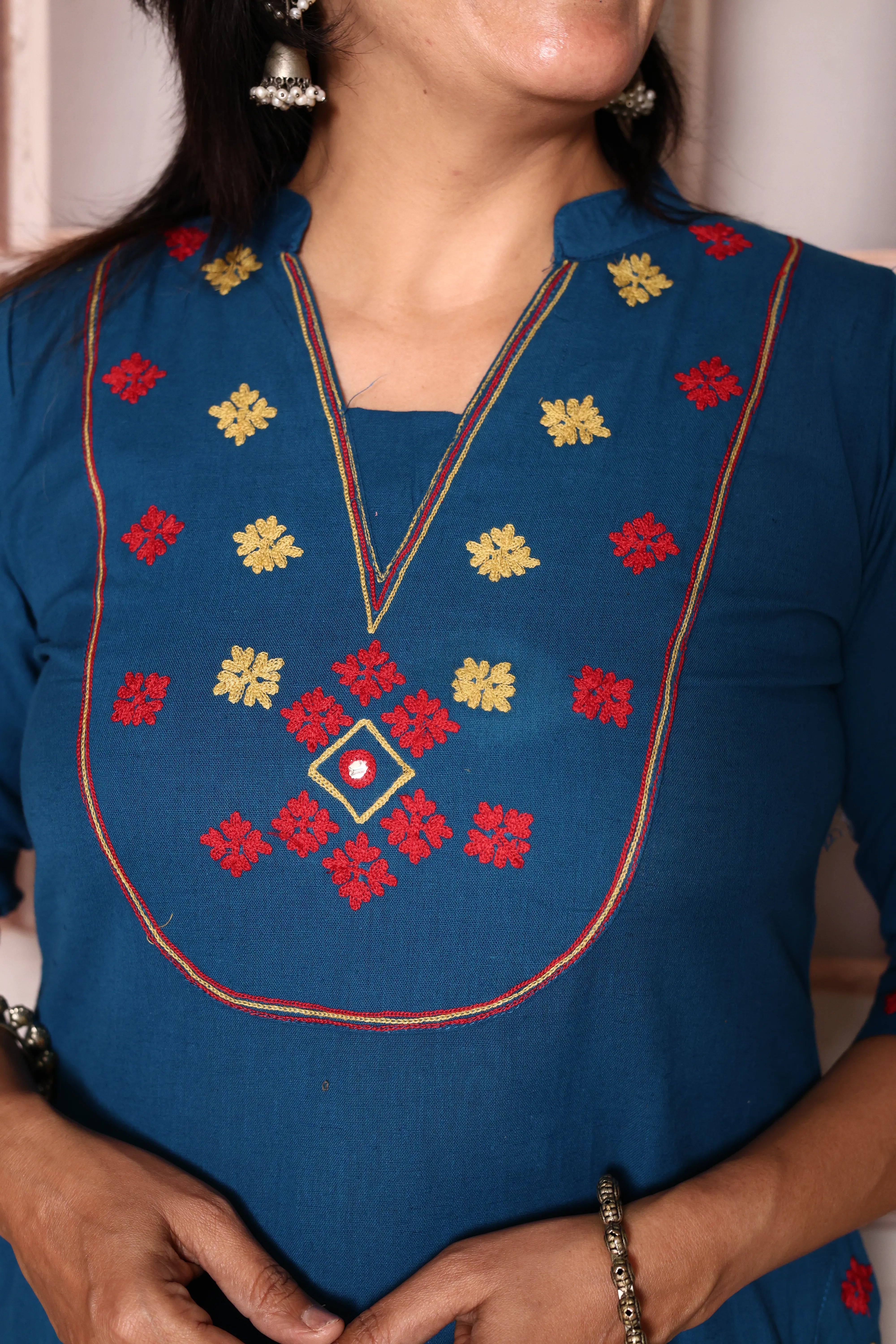 Azure Blue Yoke Work Kurta Pant Set | Thread Embroidery | Cotton Ethnic Wear